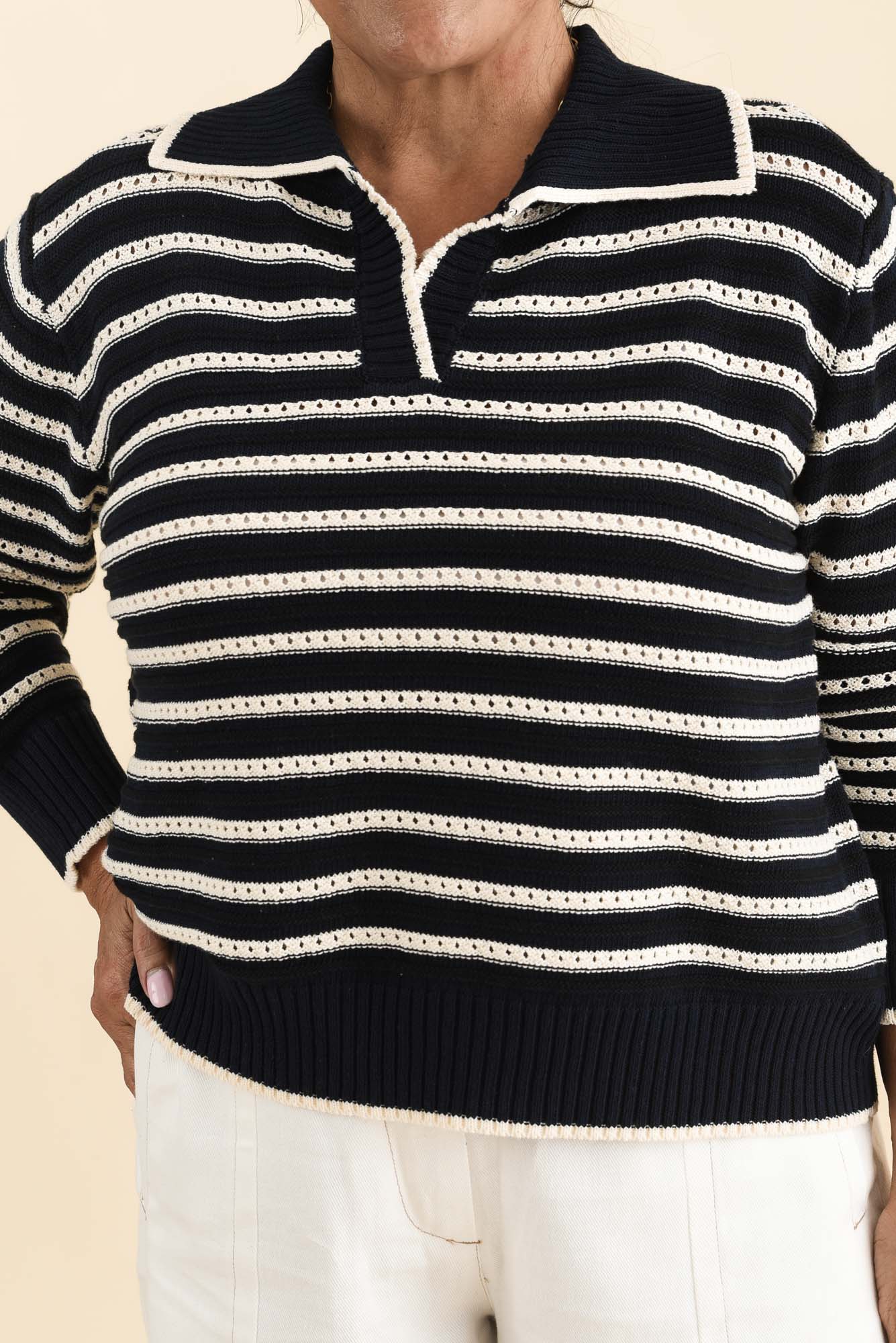 Aberdeen Navy Stripe Cotton Knit Jumper - Image 8