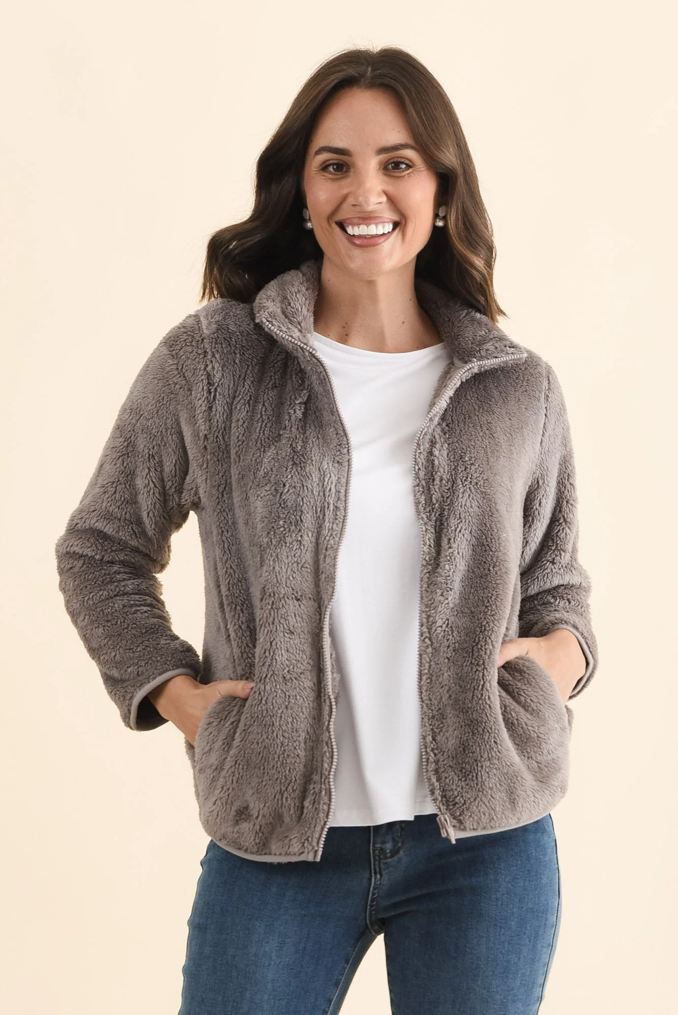 Ackerley Taupe Faux Fur Jacket - Image 2