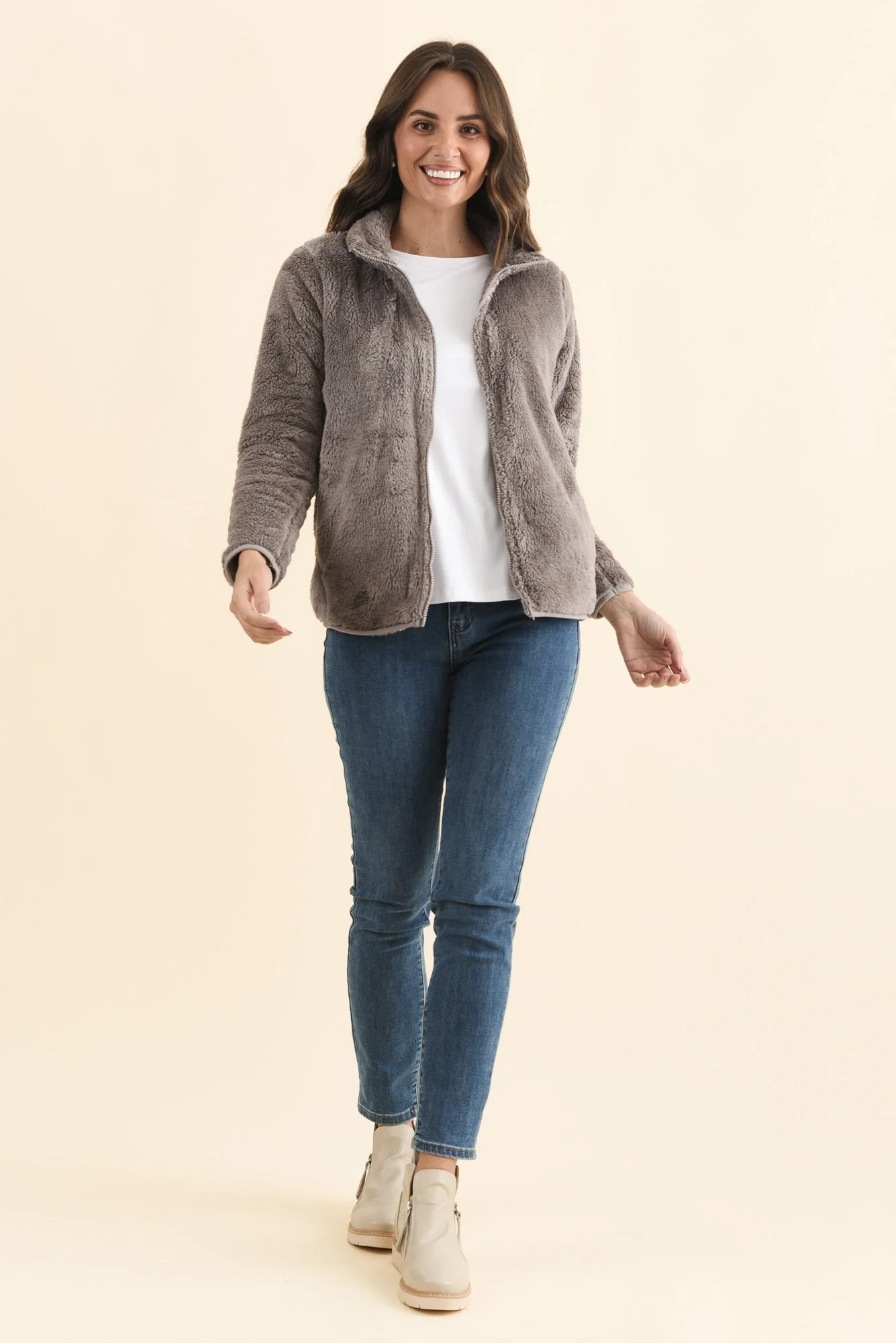 Ackerley Taupe Faux Fur Jacket - Image 3