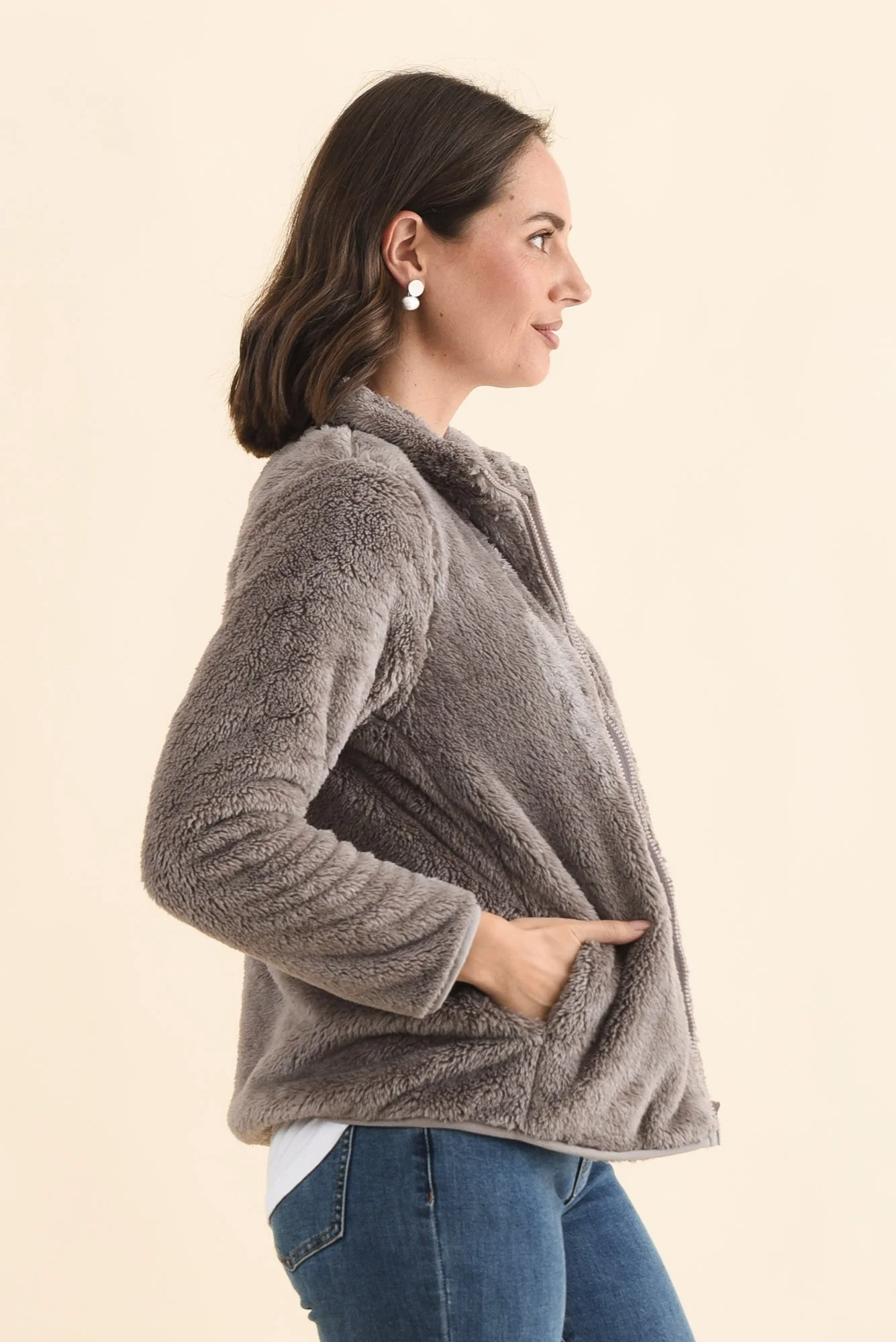 Ackerley Taupe Faux Fur Jacket - Image 4