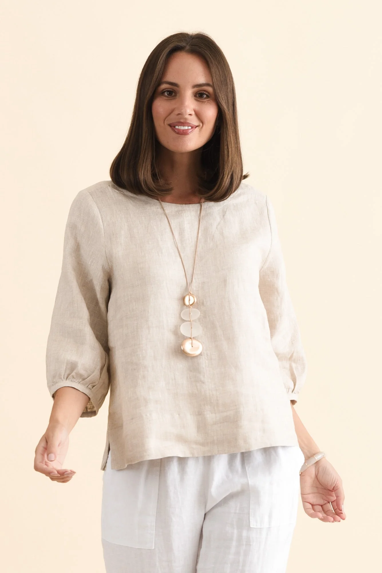Addie Beige Linen Sleeved Top - Image 2