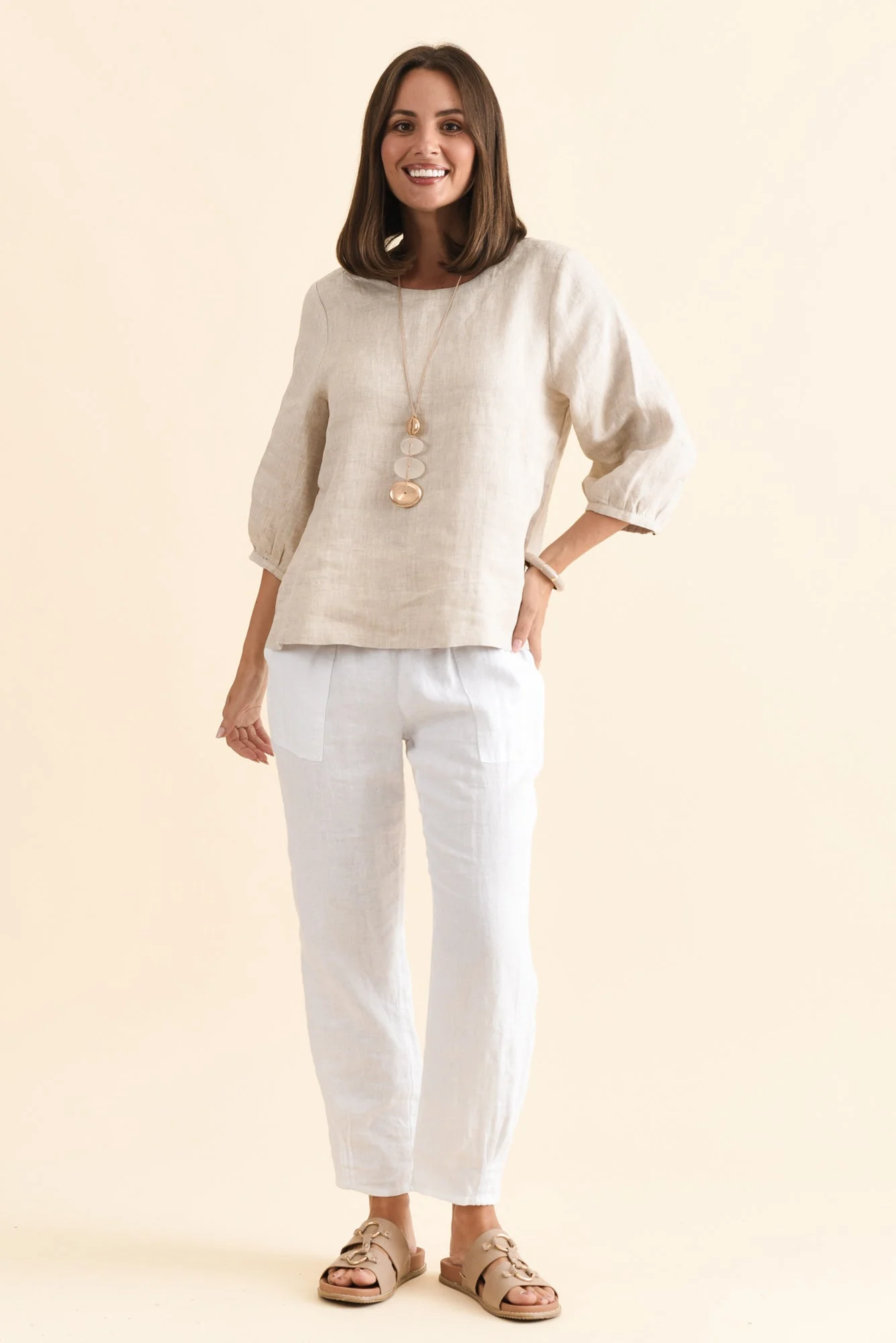 Addie Beige Linen Sleeved Top - Image 3