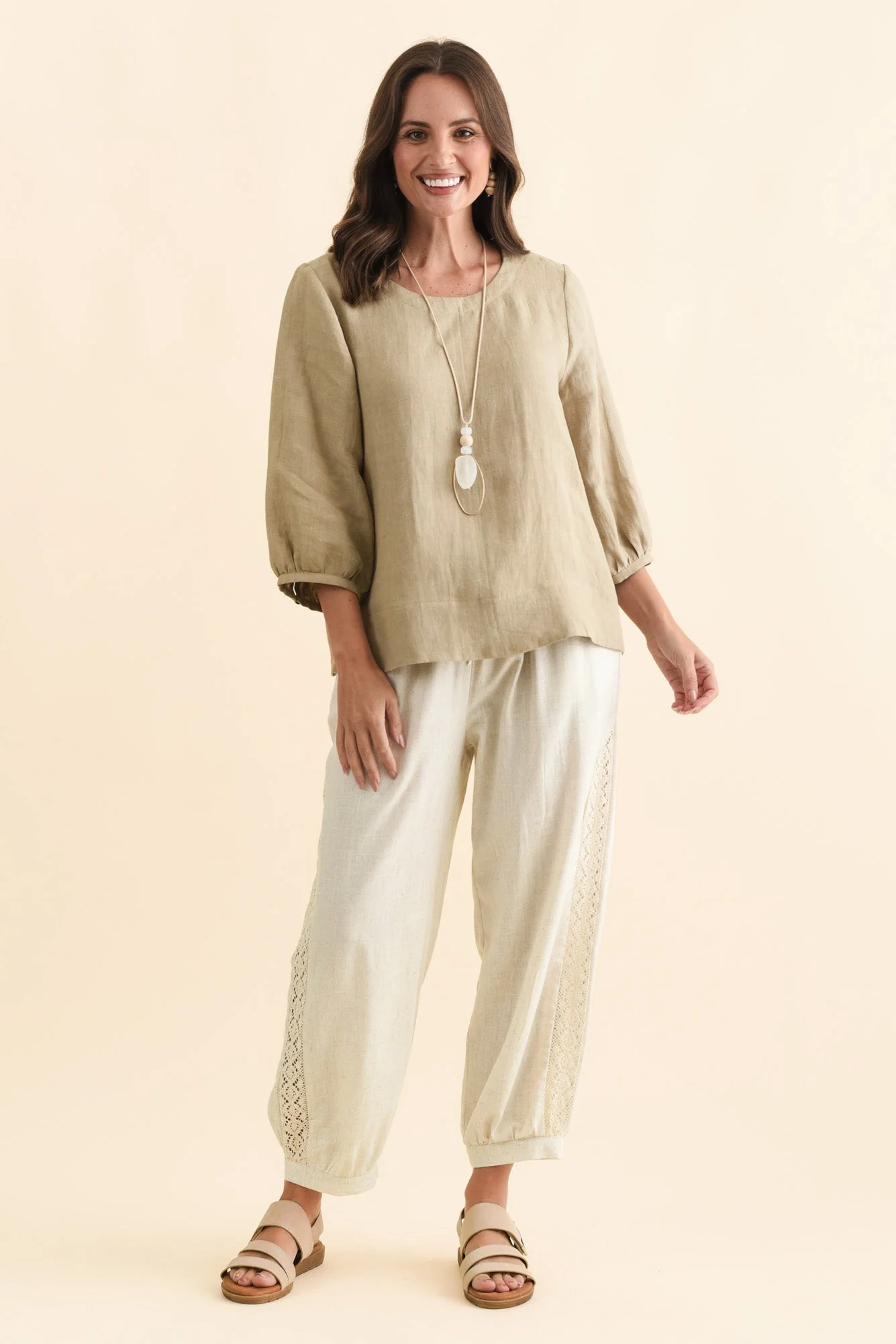 Addie Taupe Linen Sleeved Top - Image 2