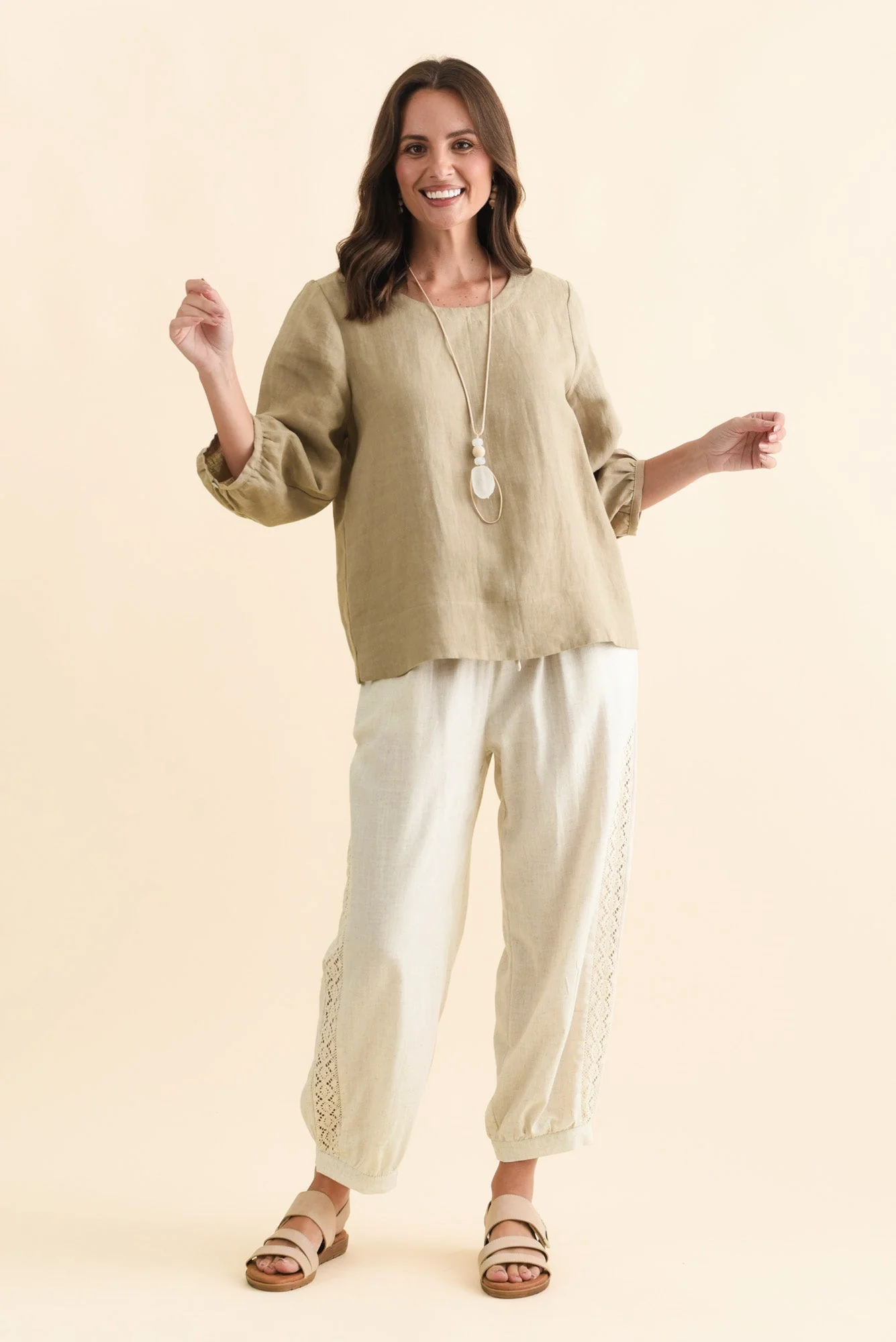Addie Taupe Linen Sleeved Top - Image 6