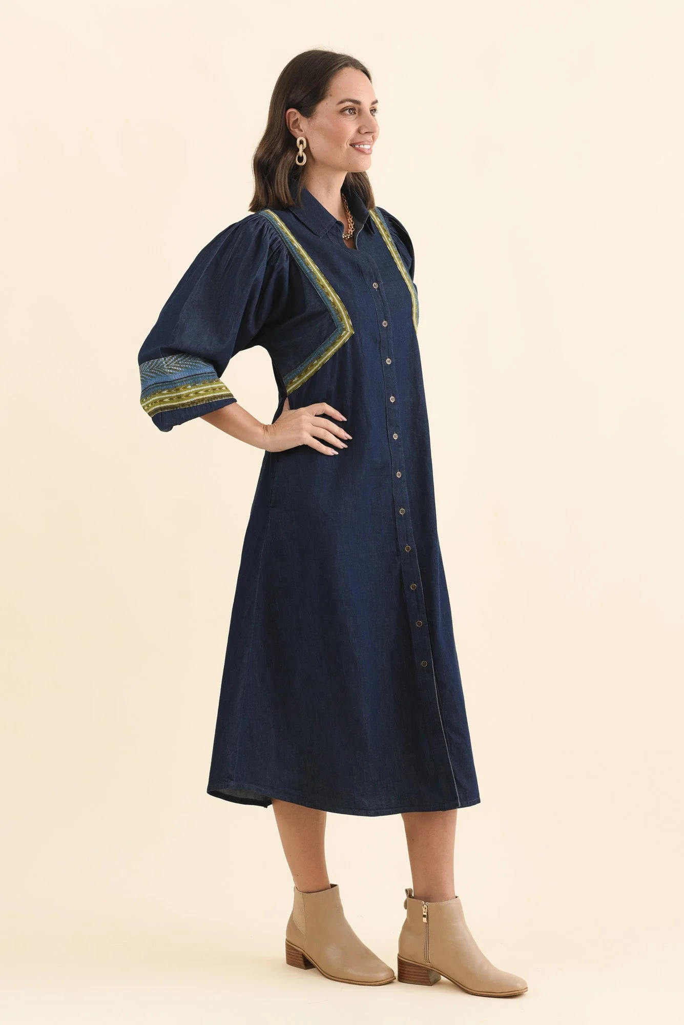 Aerome Blue Denim Puff Sleeve Dress - Image 3