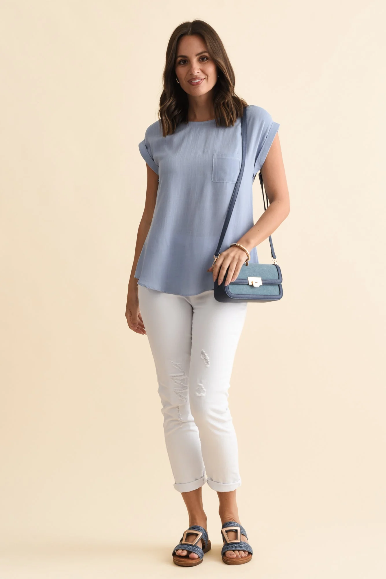 Aiden Blue Linen Blend Pocket Top - Image 2