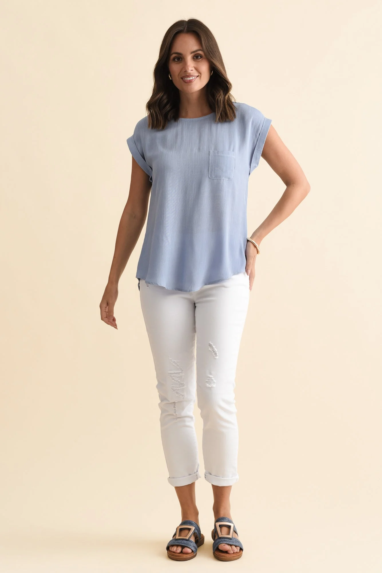 Aiden Blue Linen Blend Pocket Top - Image 6