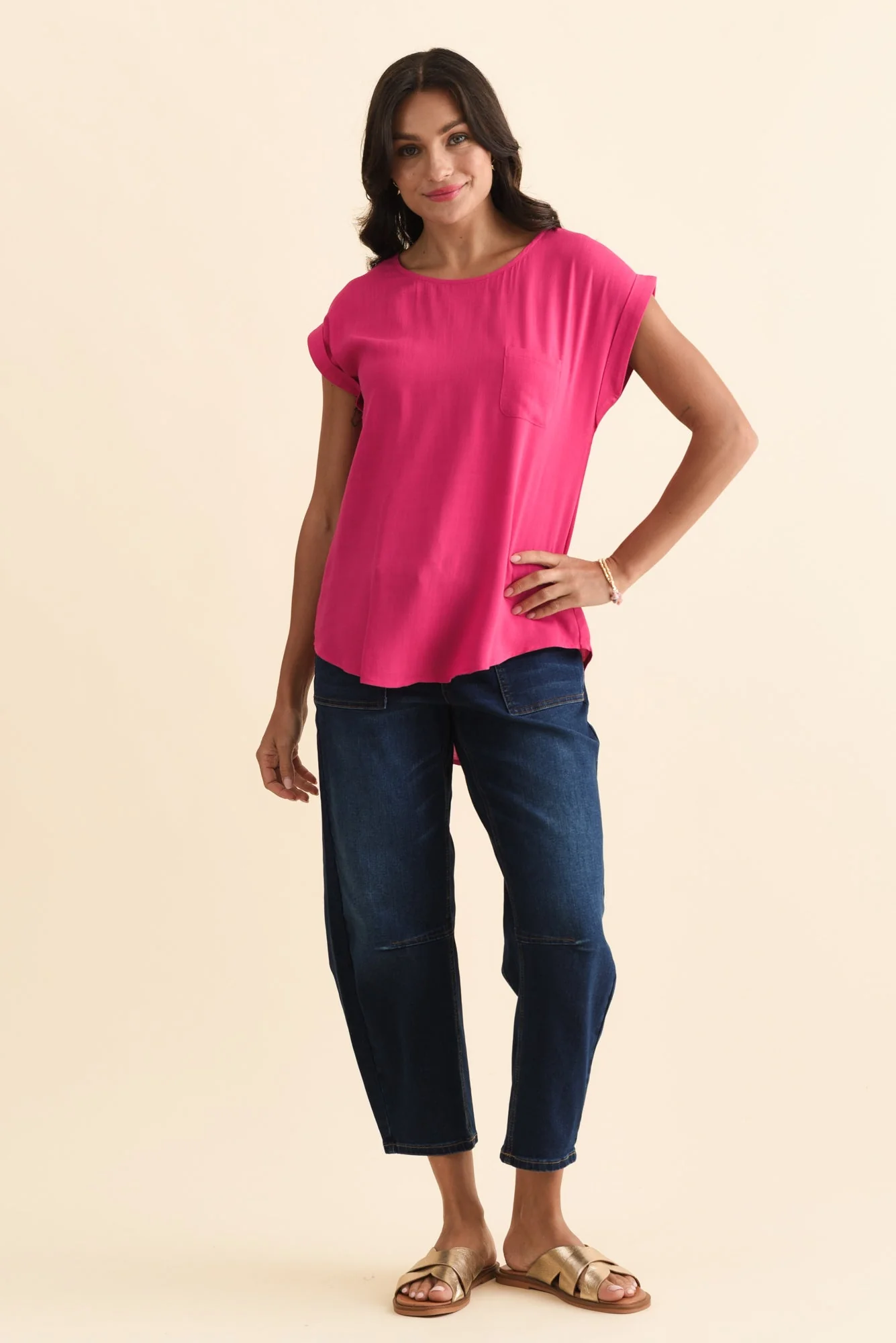 Aiden Hot Pink Linen Blend Pocket Top - Image 2