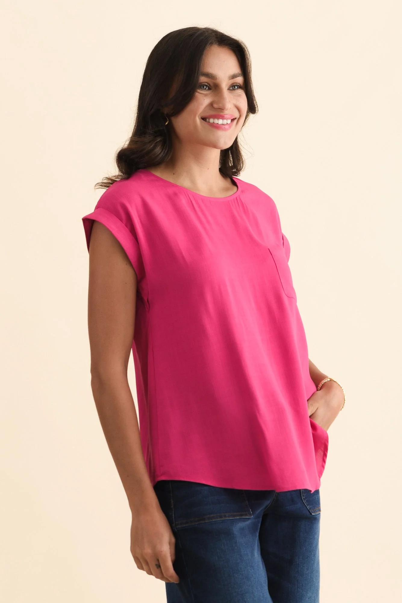 Aiden Hot Pink Linen Blend Pocket Top - Image 3