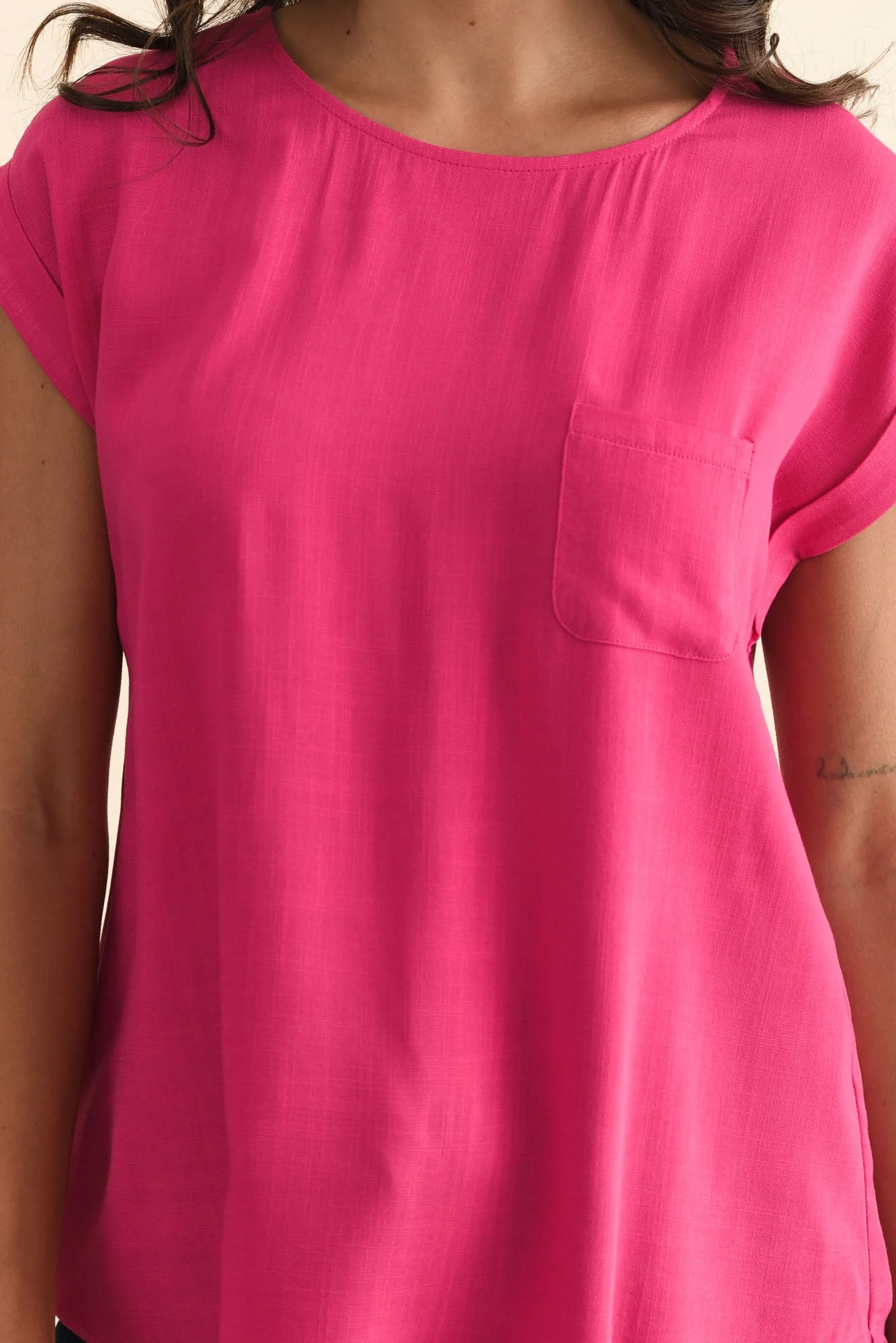 Aiden Hot Pink Linen Blend Pocket Top - Image 5
