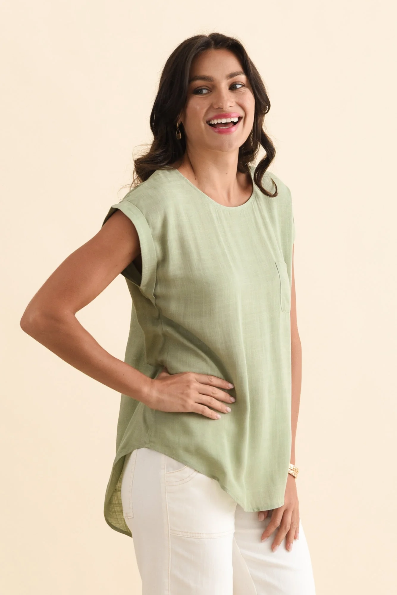 Aiden Sage Linen Blend Pocket Top - Image 3
