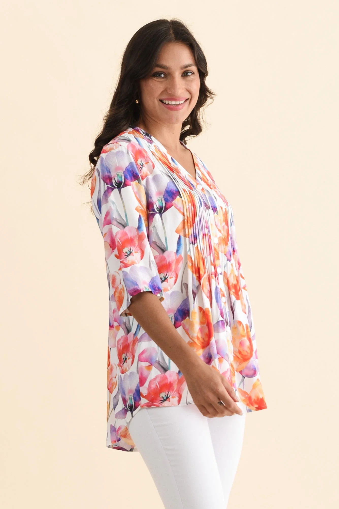 Alby Orange Flower Pleated Blouse - Image 3