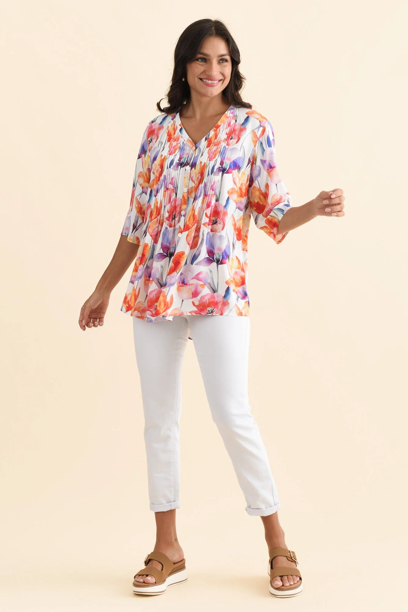 Alby Orange Flower Pleated Blouse - Image 6