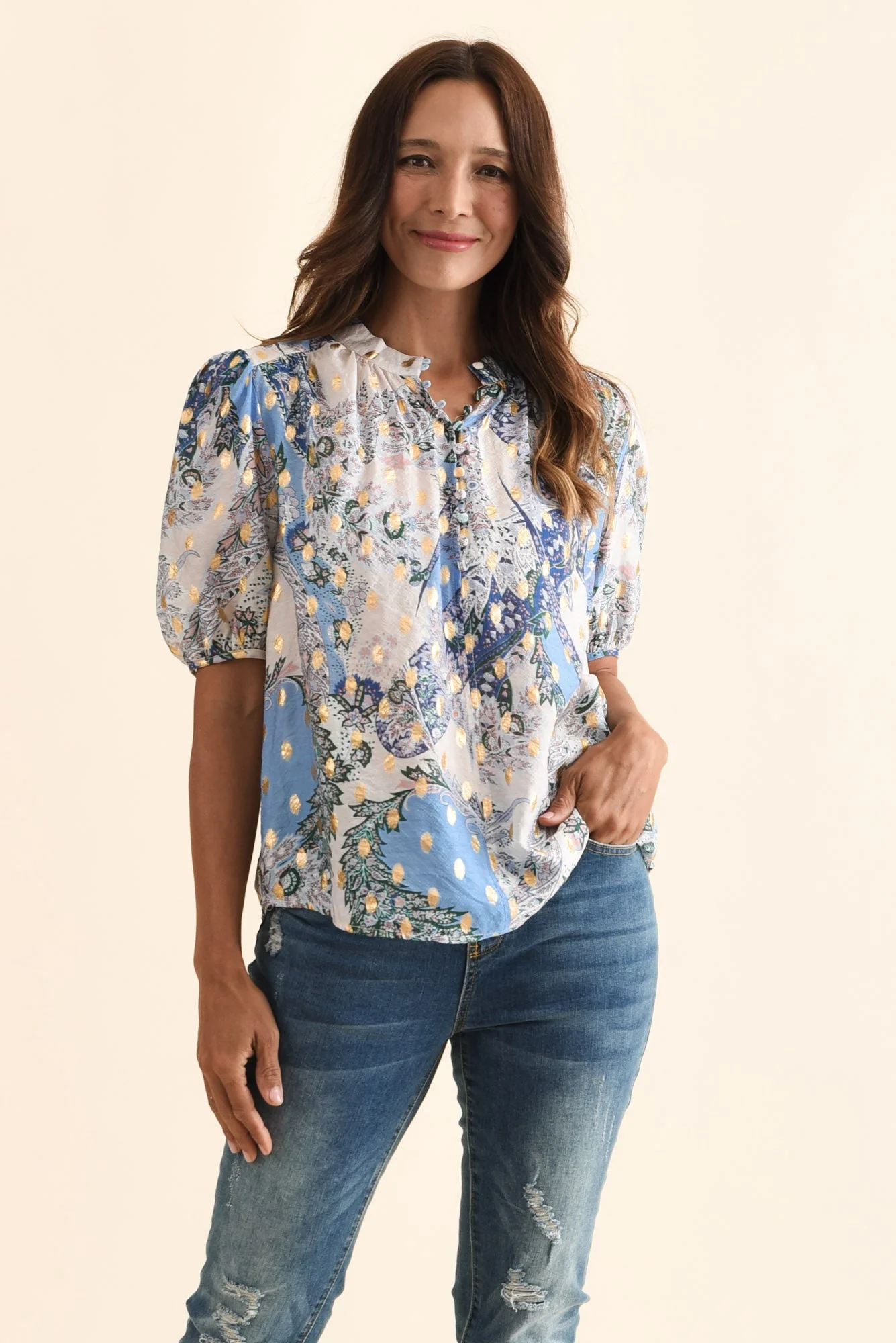 Alexandra Blue Abstract Button Top - Image 2