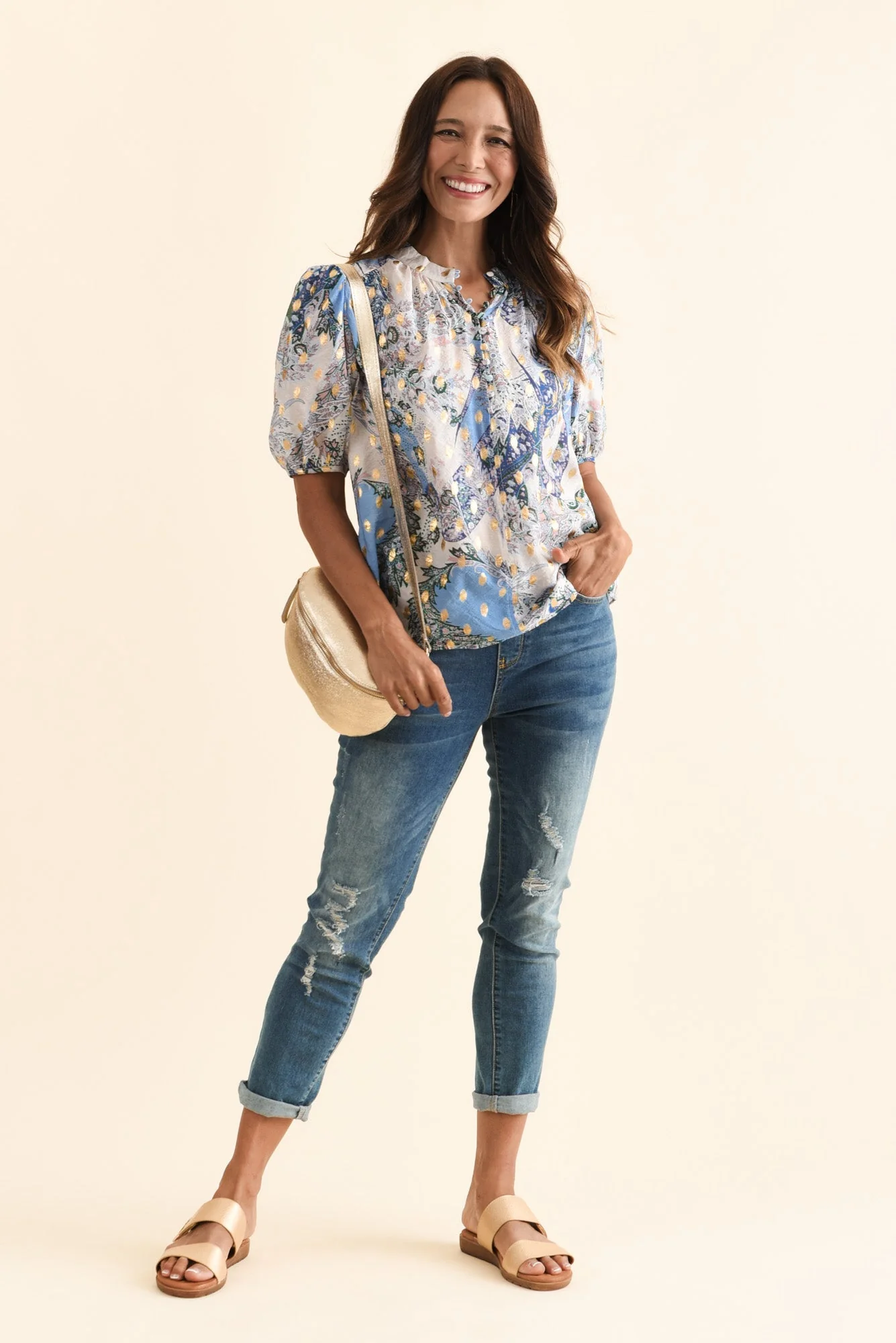 Alexandra Blue Abstract Button Top - Image 3