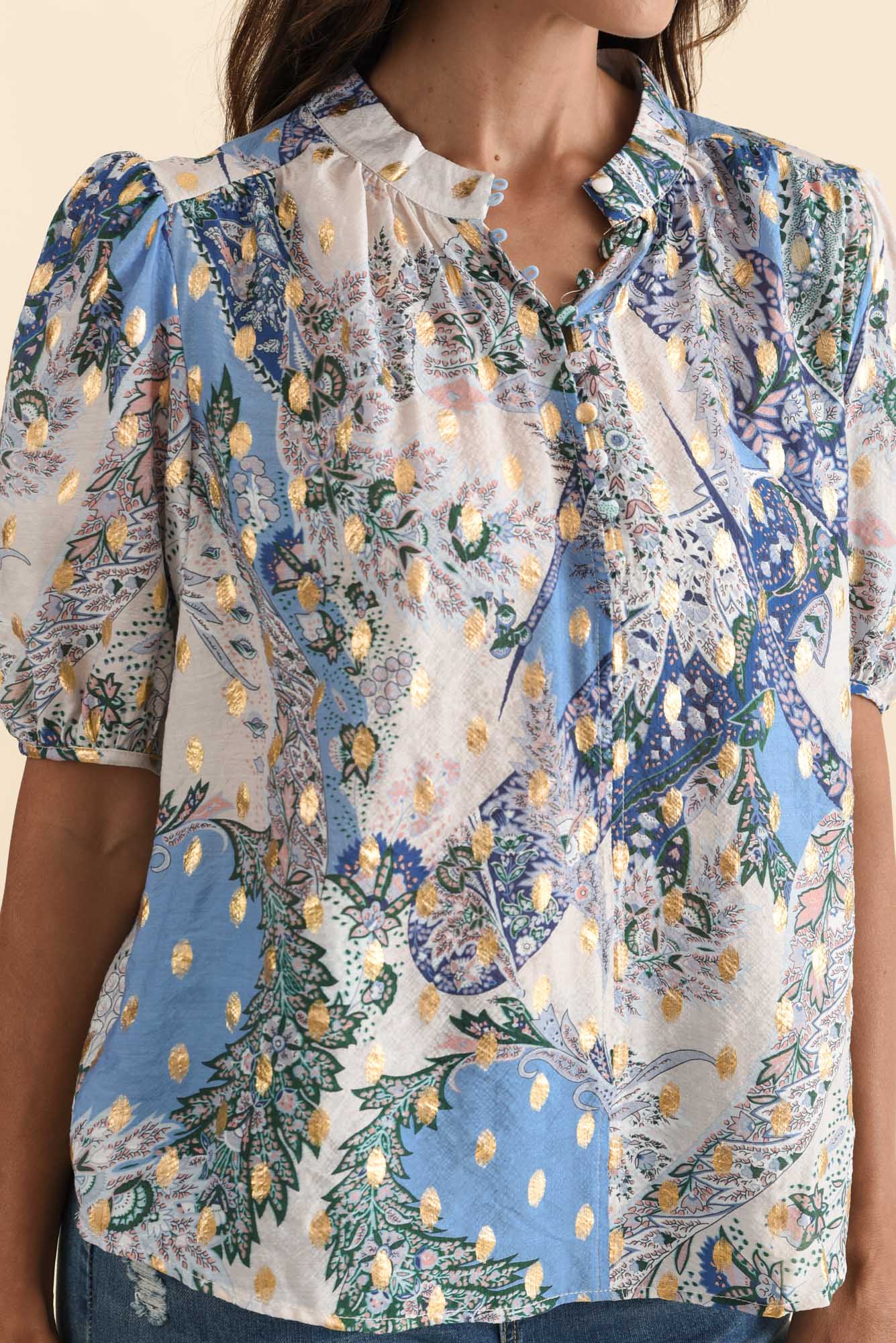 Alexandra Blue Abstract Button Top - Image 6