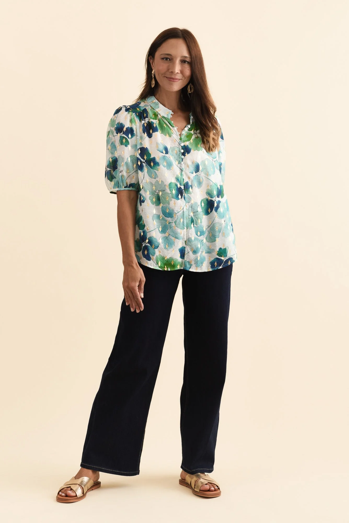 Alexandra Green Flower Button Top - Image 2