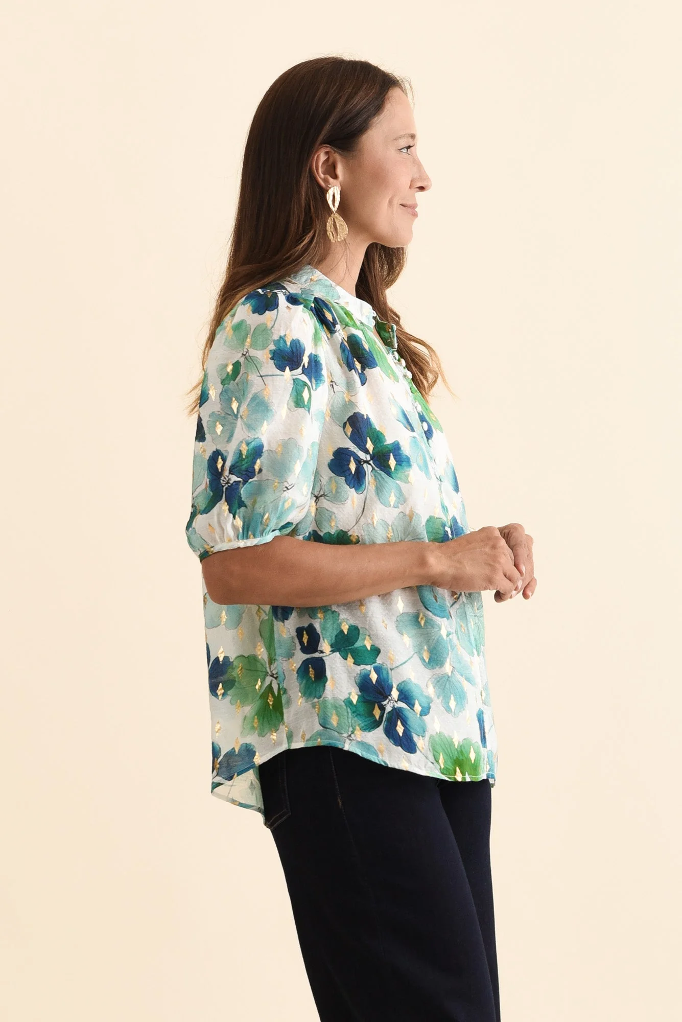 Alexandra Green Flower Button Top - Image 3