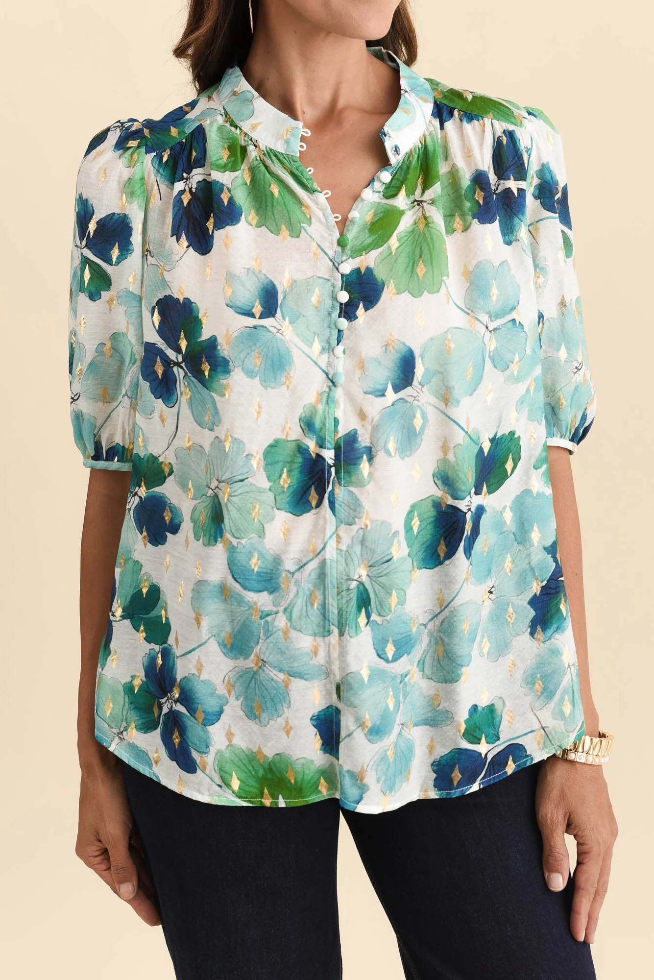 Alexandra Green Flower Button Top - Image 5