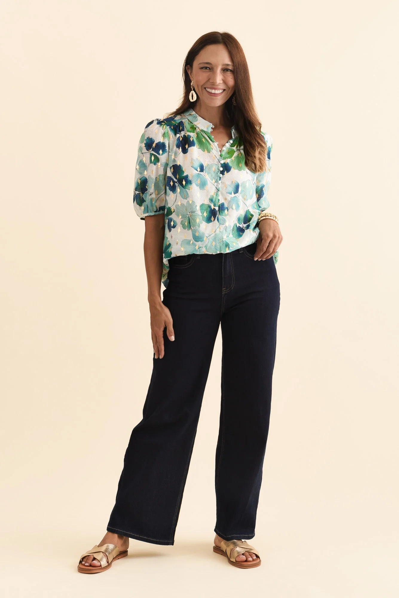 Alexandra Green Flower Button Top - Image 6