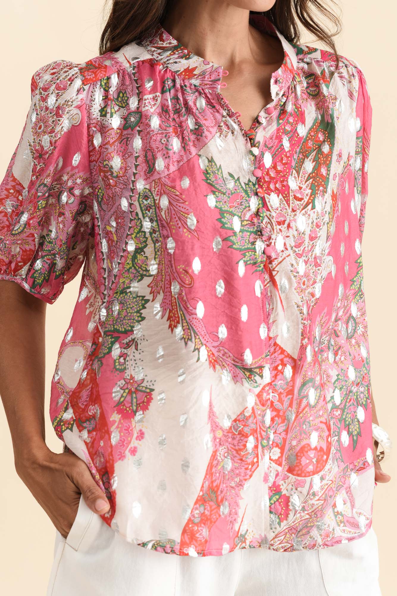 Alexandra Pink Paisley Button Top - Image 6