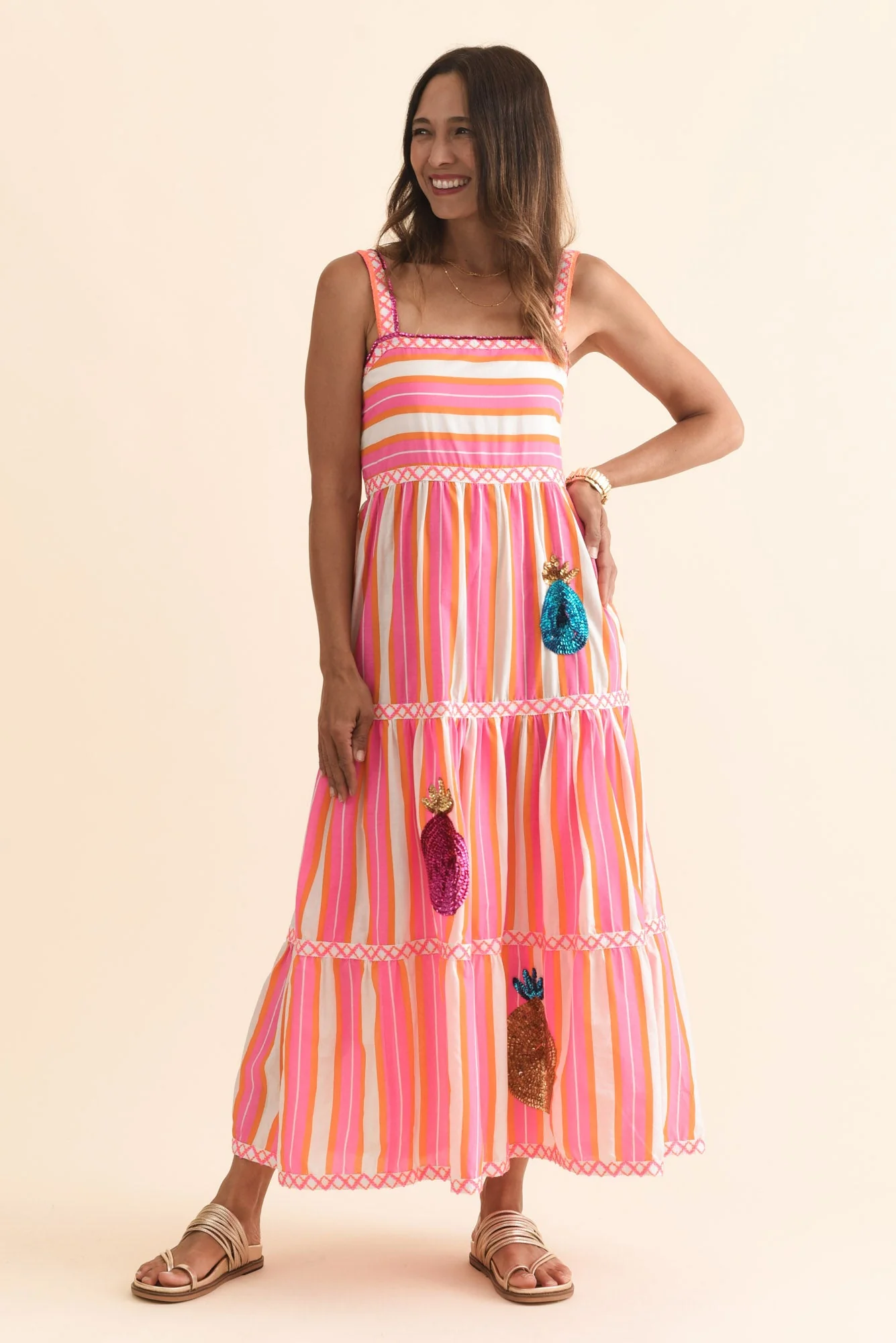 Alix Pink Stripe Cotton Tier Dress - Image 2