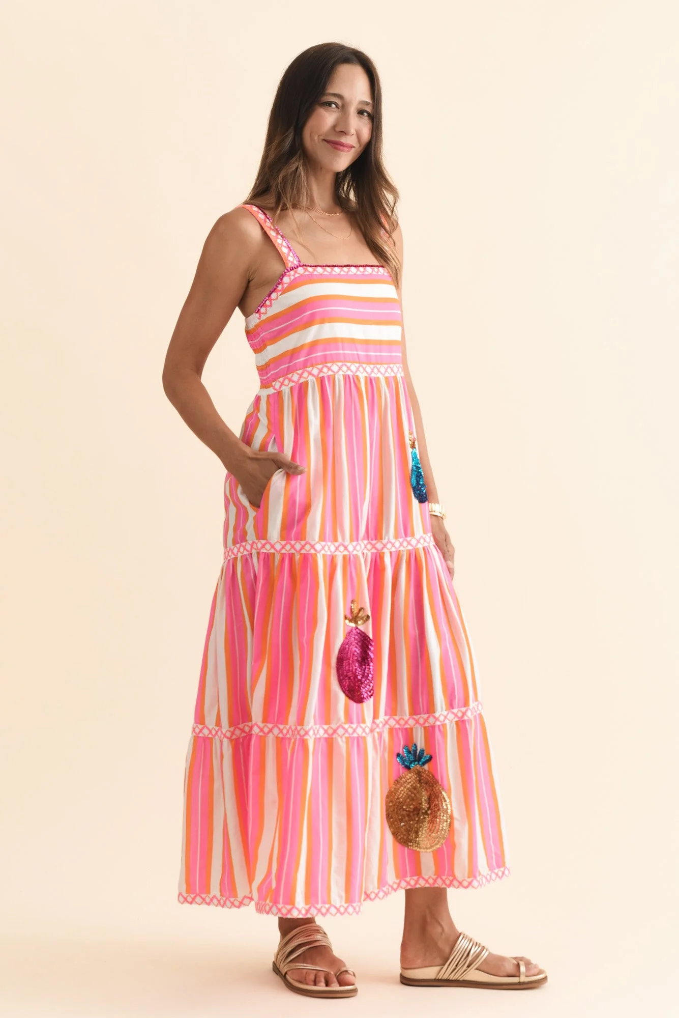 Alix Pink Stripe Cotton Tier Dress - Image 3