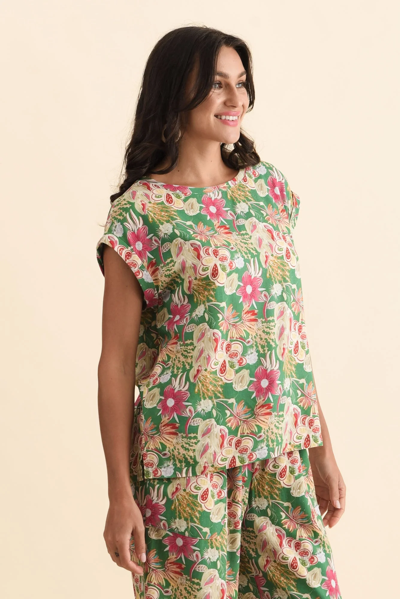 Alta Green Flower Linen Cotton Top - Image 3