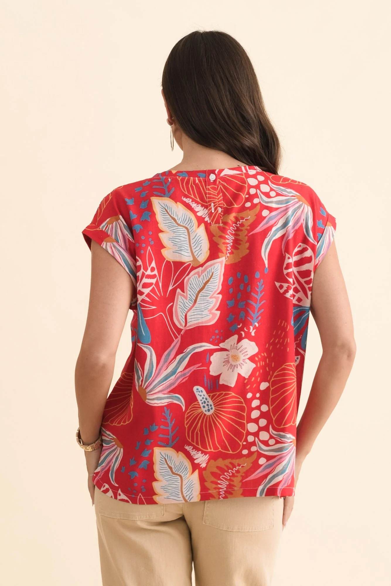 Alta Red Foliage Linen Cotton Top - Image 4