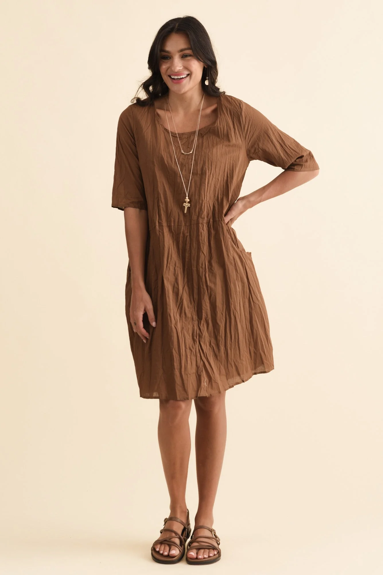 Andora Chocolate Crinkle Cotton Dress - Image 2