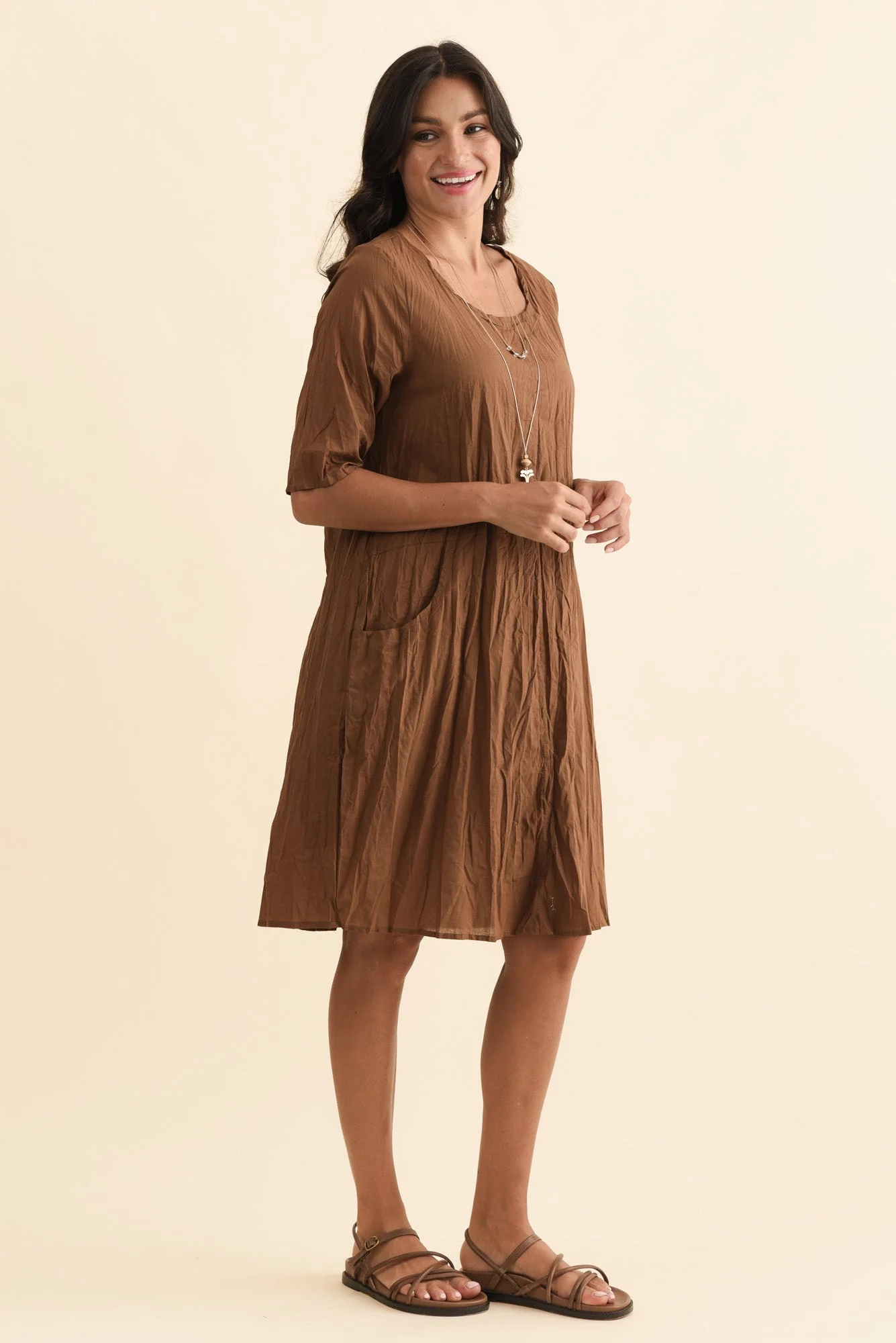 Andora Chocolate Crinkle Cotton Dress - Image 3