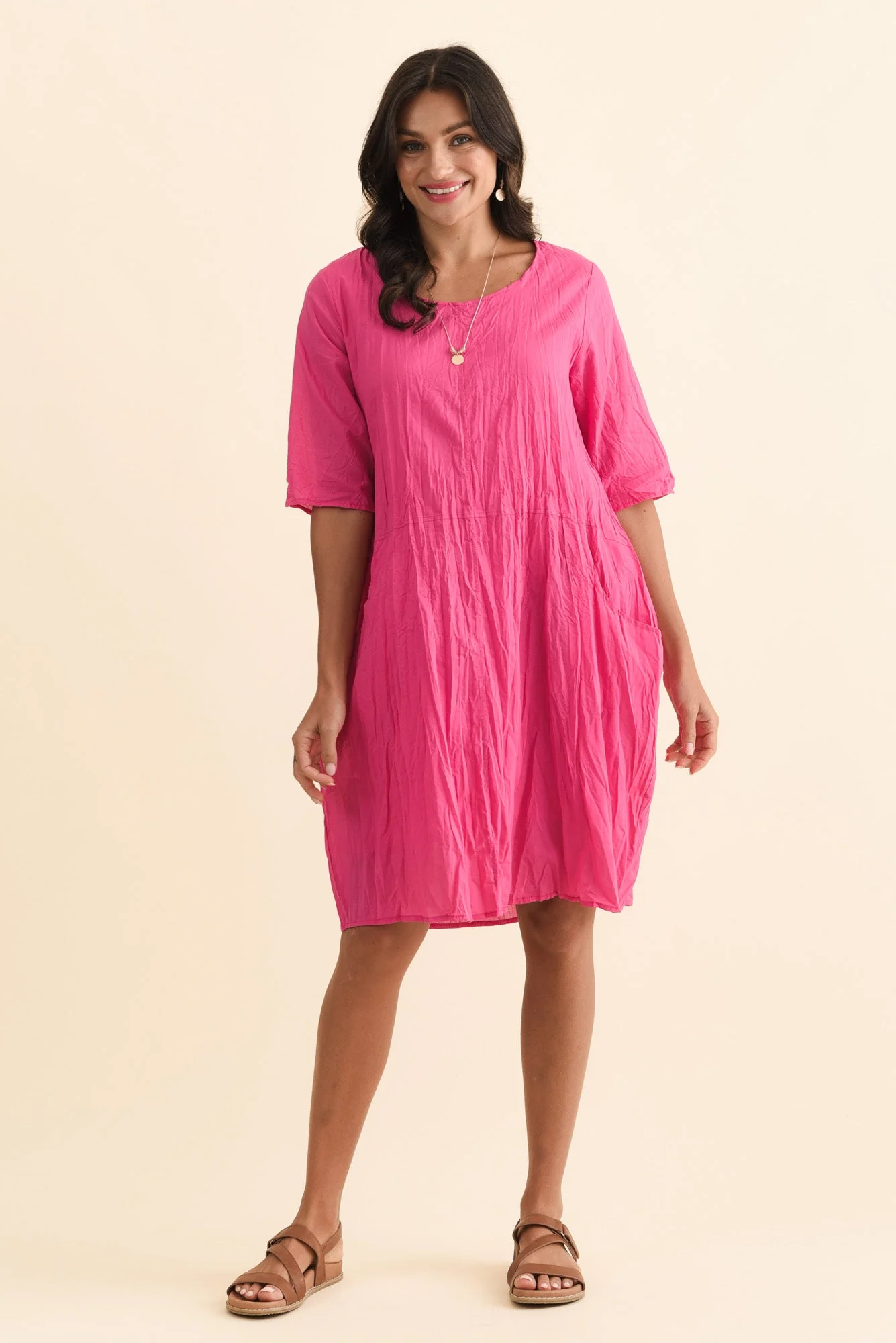 Andora Hot Pink Crinkle Cotton Dress - Image 2