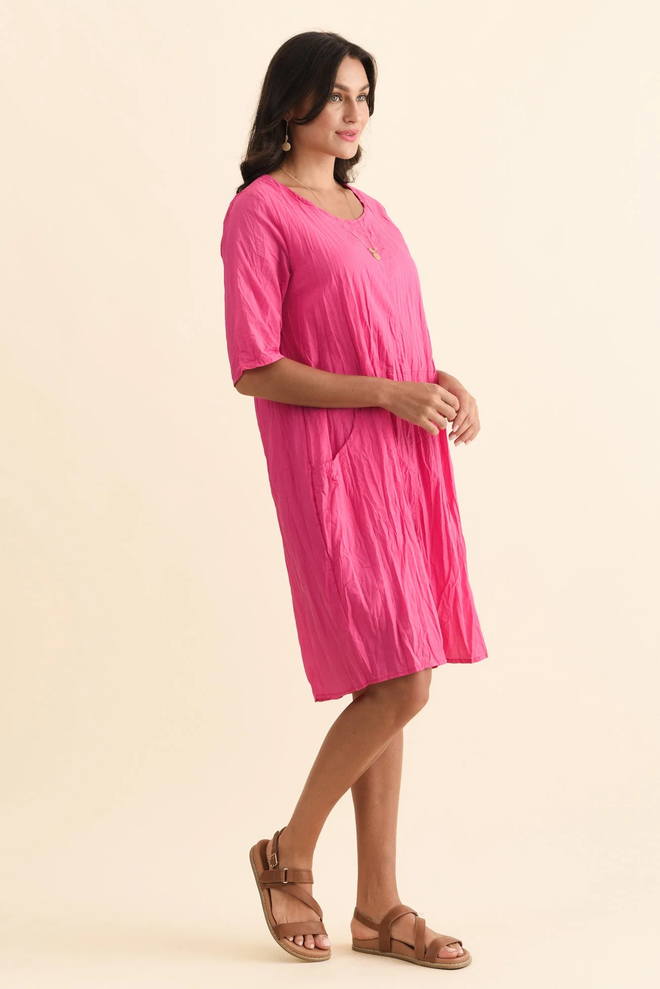 Andora Hot Pink Crinkle Cotton Dress - Image 3