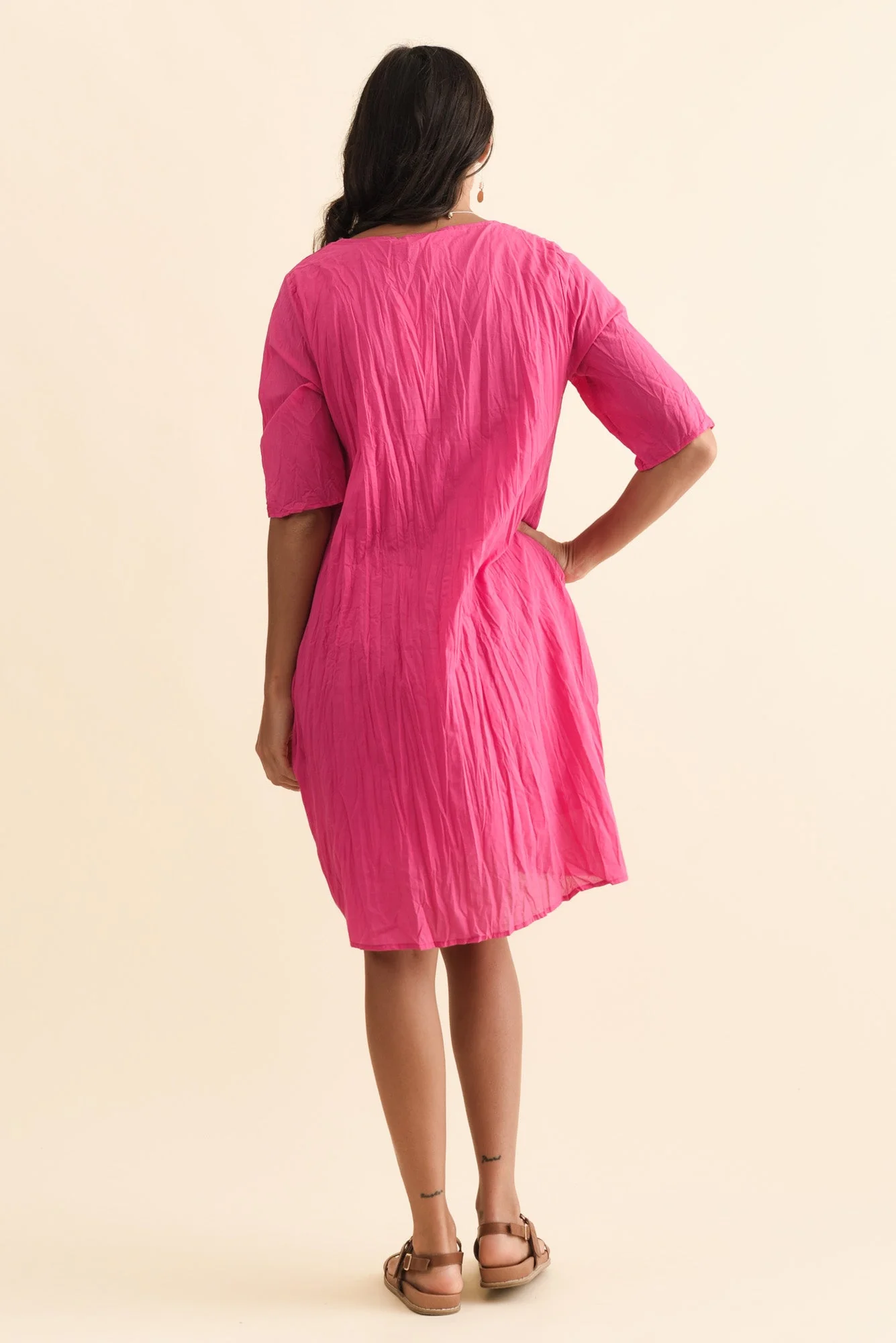 Andora Hot Pink Crinkle Cotton Dress - Image 4