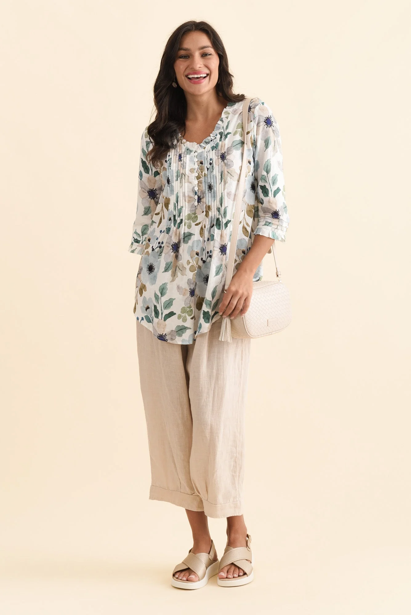 Angelo Blue Floral Cotton Button Top - Image 2
