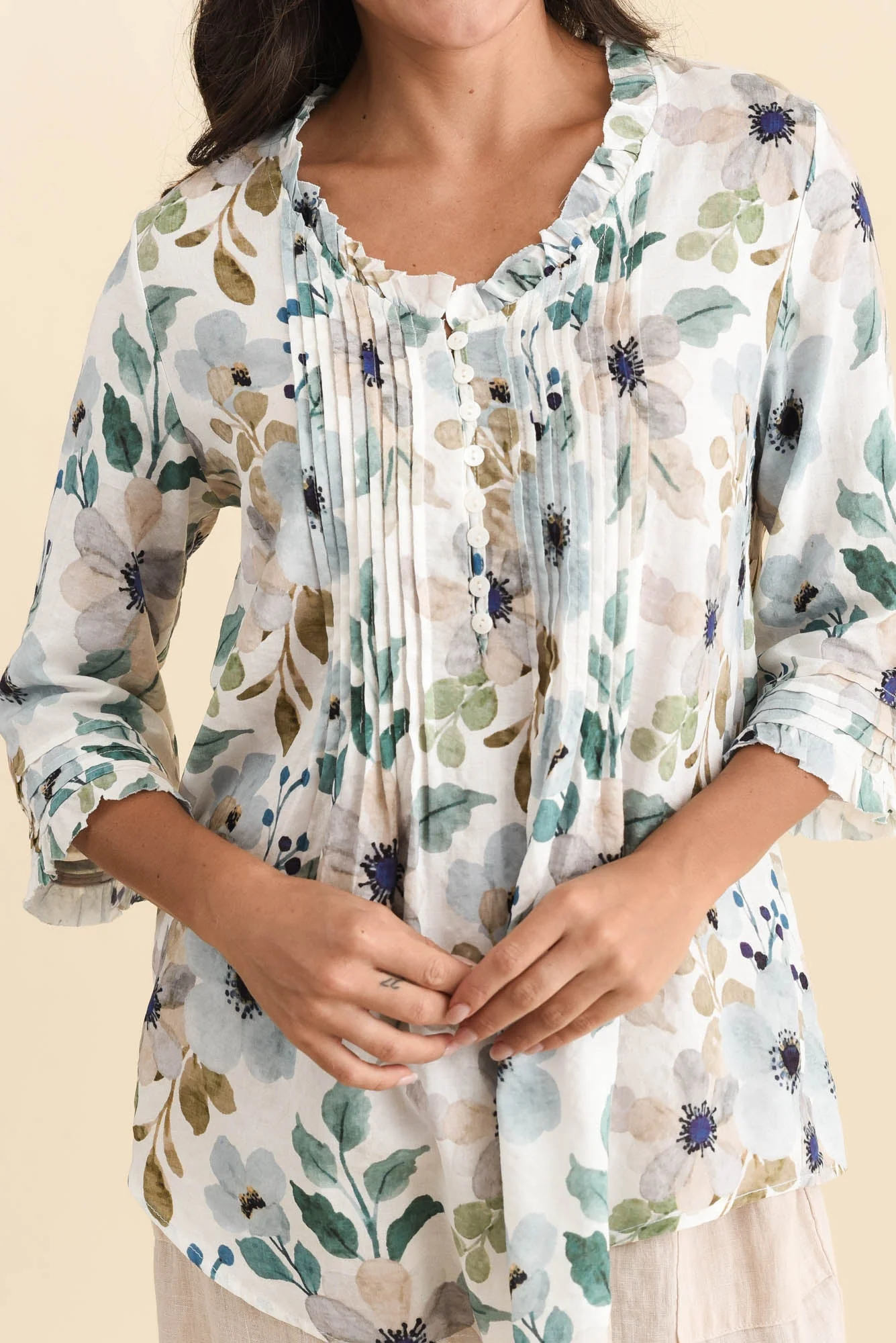 Angelo Blue Floral Cotton Button Top - Image 5