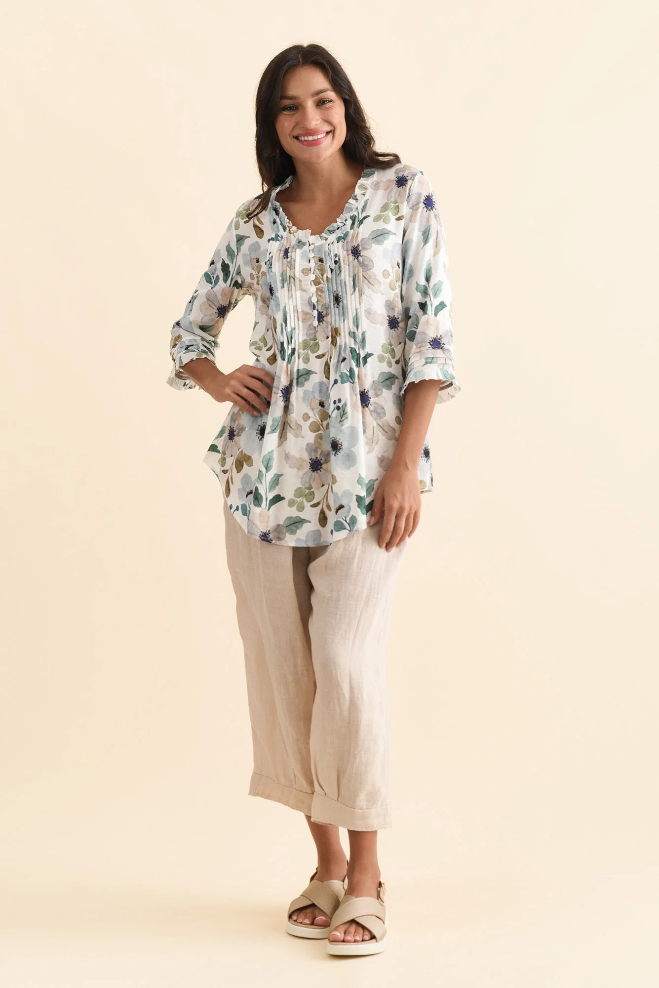 Angelo Blue Floral Cotton Button Top - Image 6