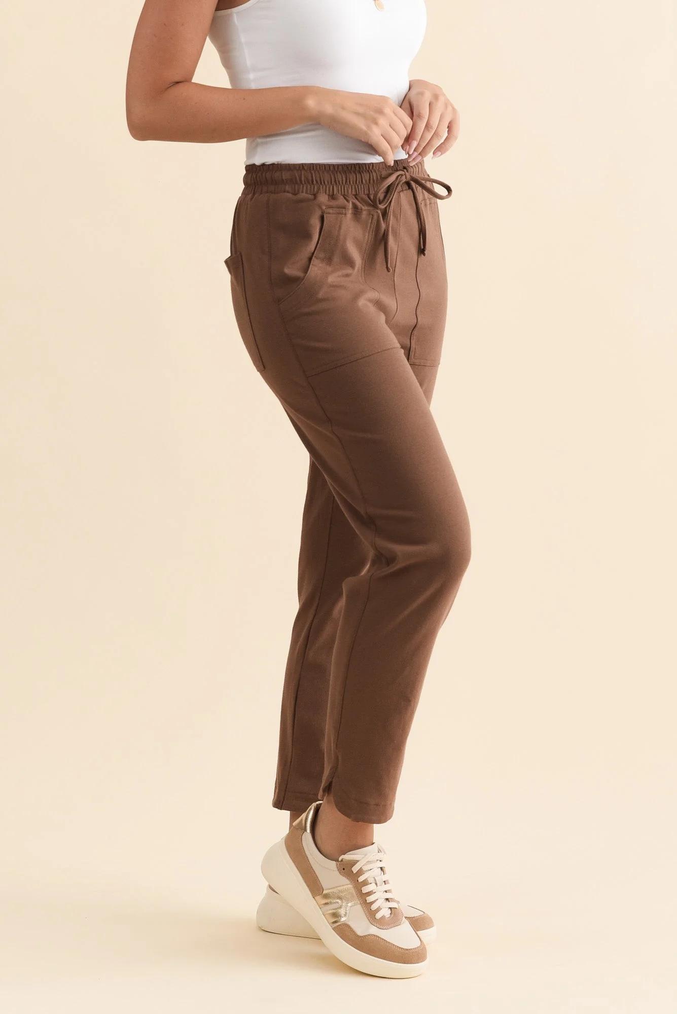 Angie Chocolate Cotton Drawstring Pants - Image 3