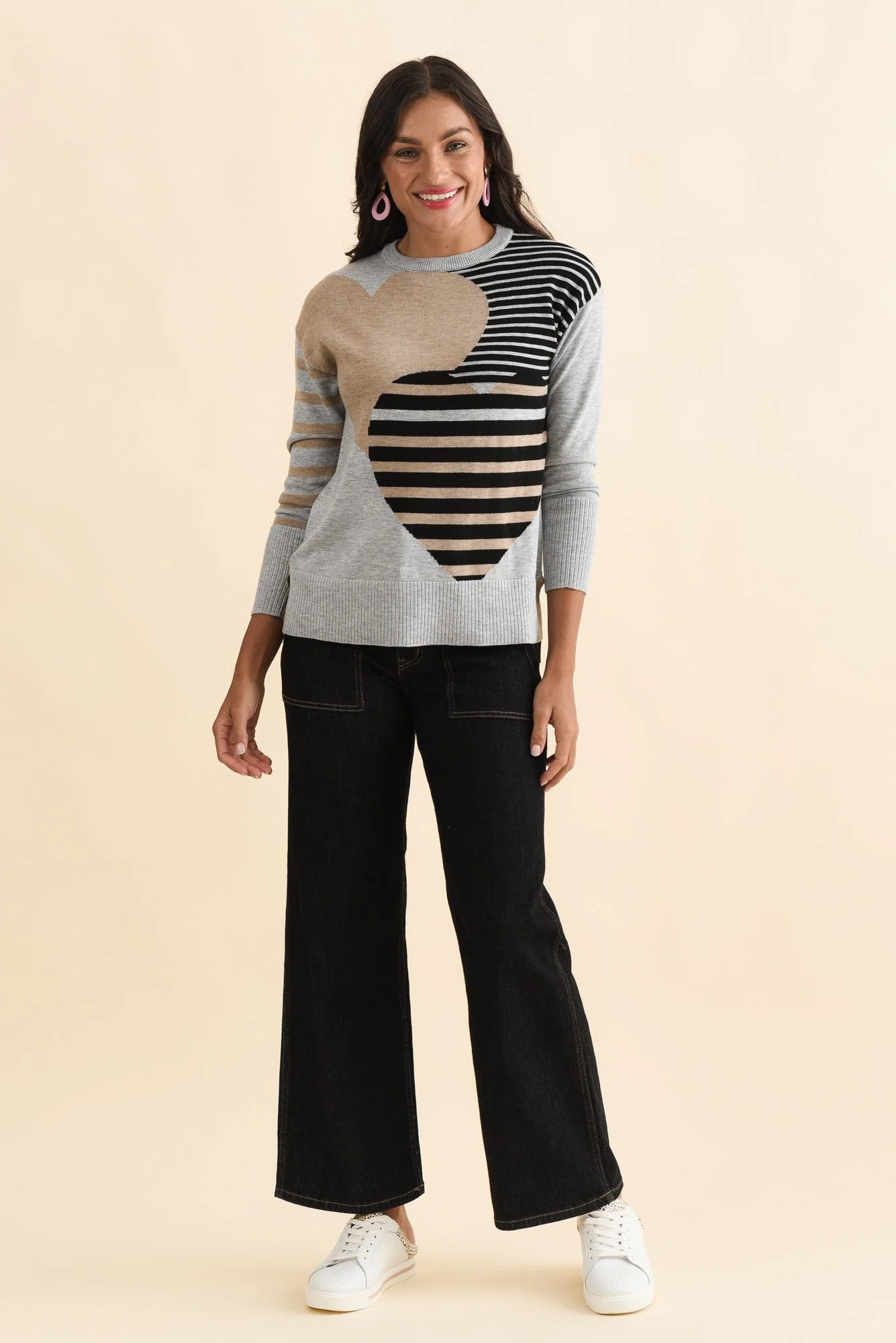 Anju Grey Stripe Heart Knit Sweater - Image 7