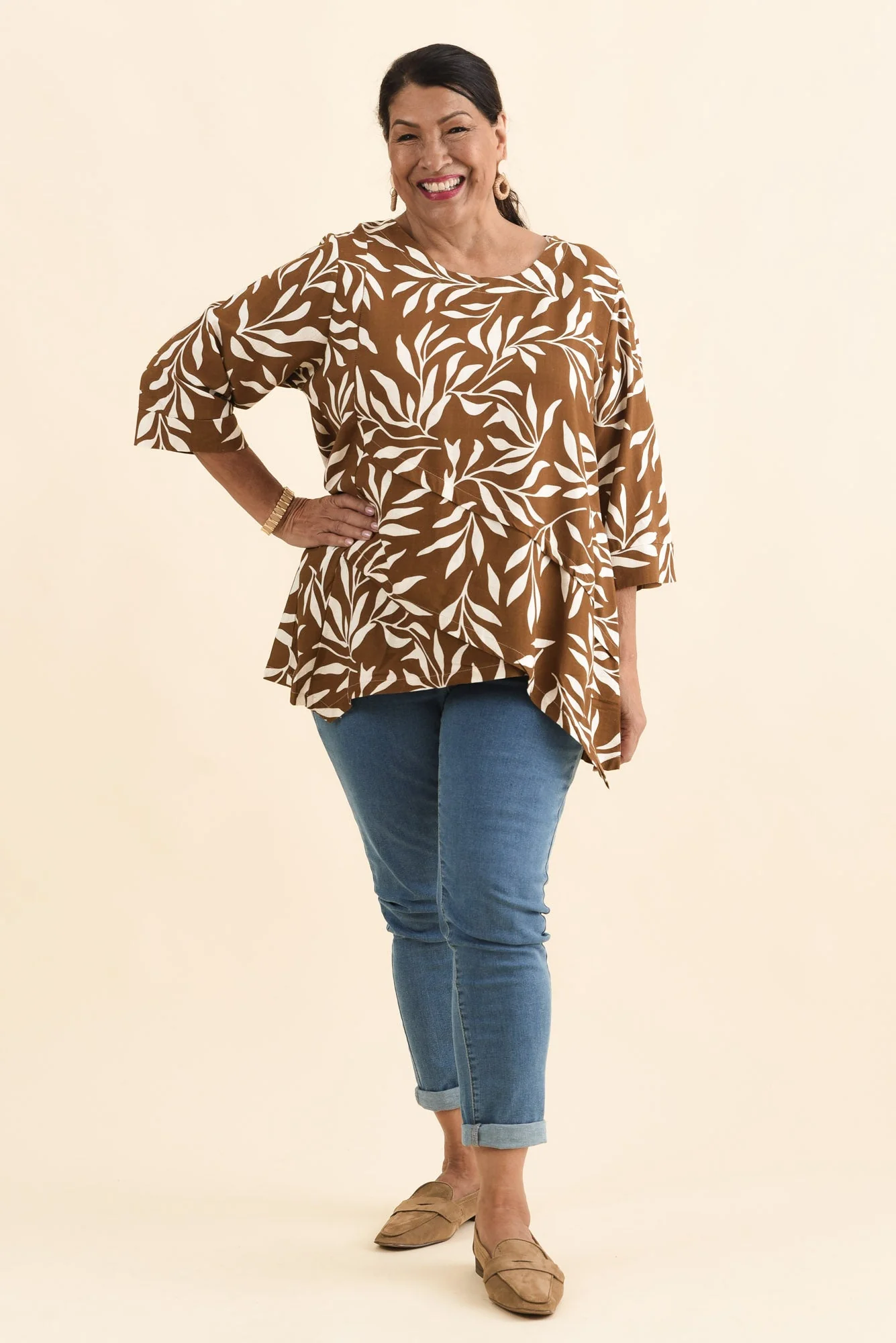 Anya Brown Leaf Linen Cotton Top - Image 11