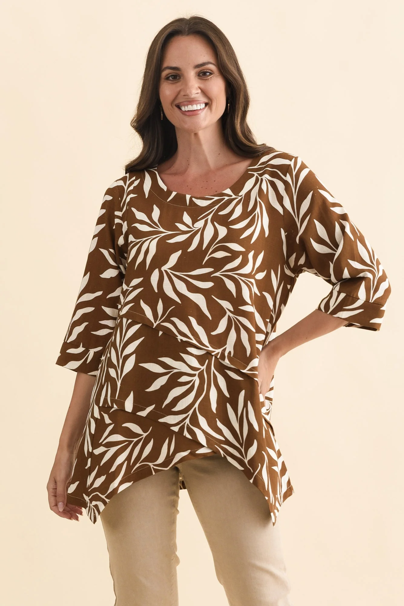Anya Brown Leaf Linen Cotton Top - Image 2