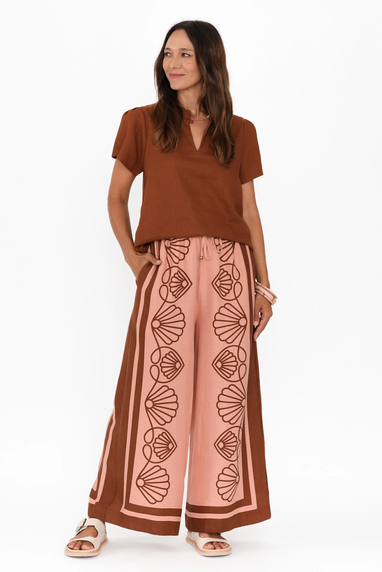 Aphrodite Chocolate Seashell Linen Pants - Image 2