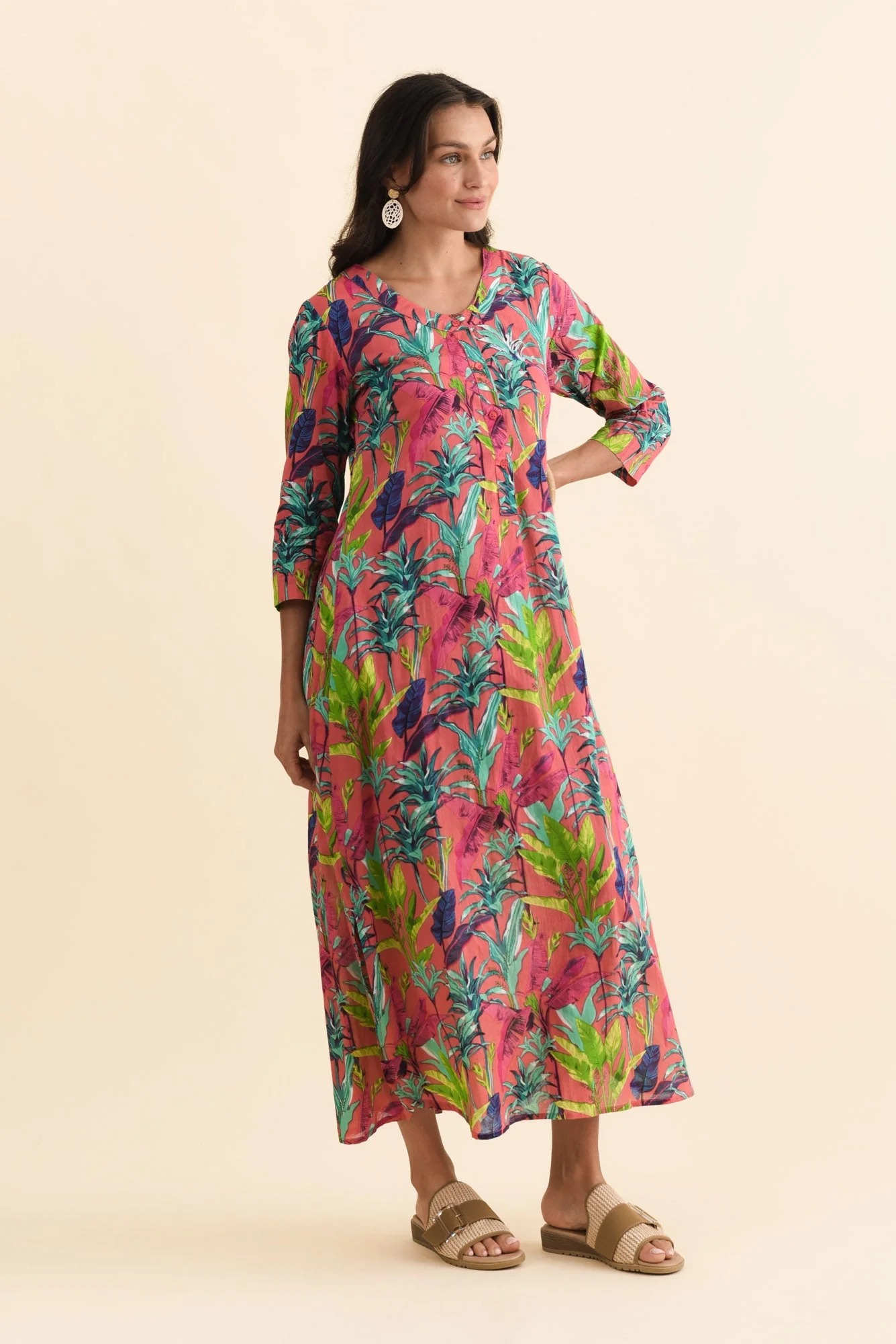 Apia Pink Tropical Cotton Maxi Dress - Image 3