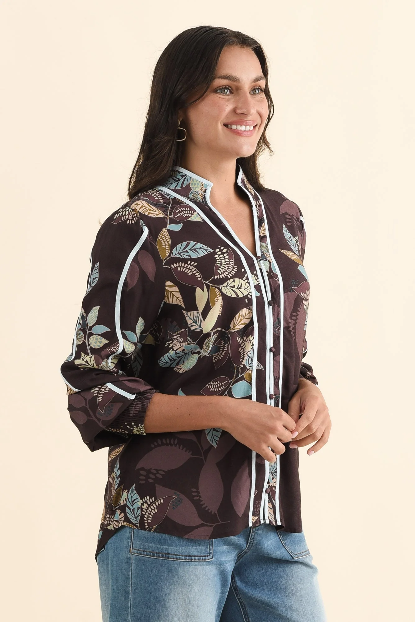 Asher Brown Leaf Contrast Blouse - Image 3