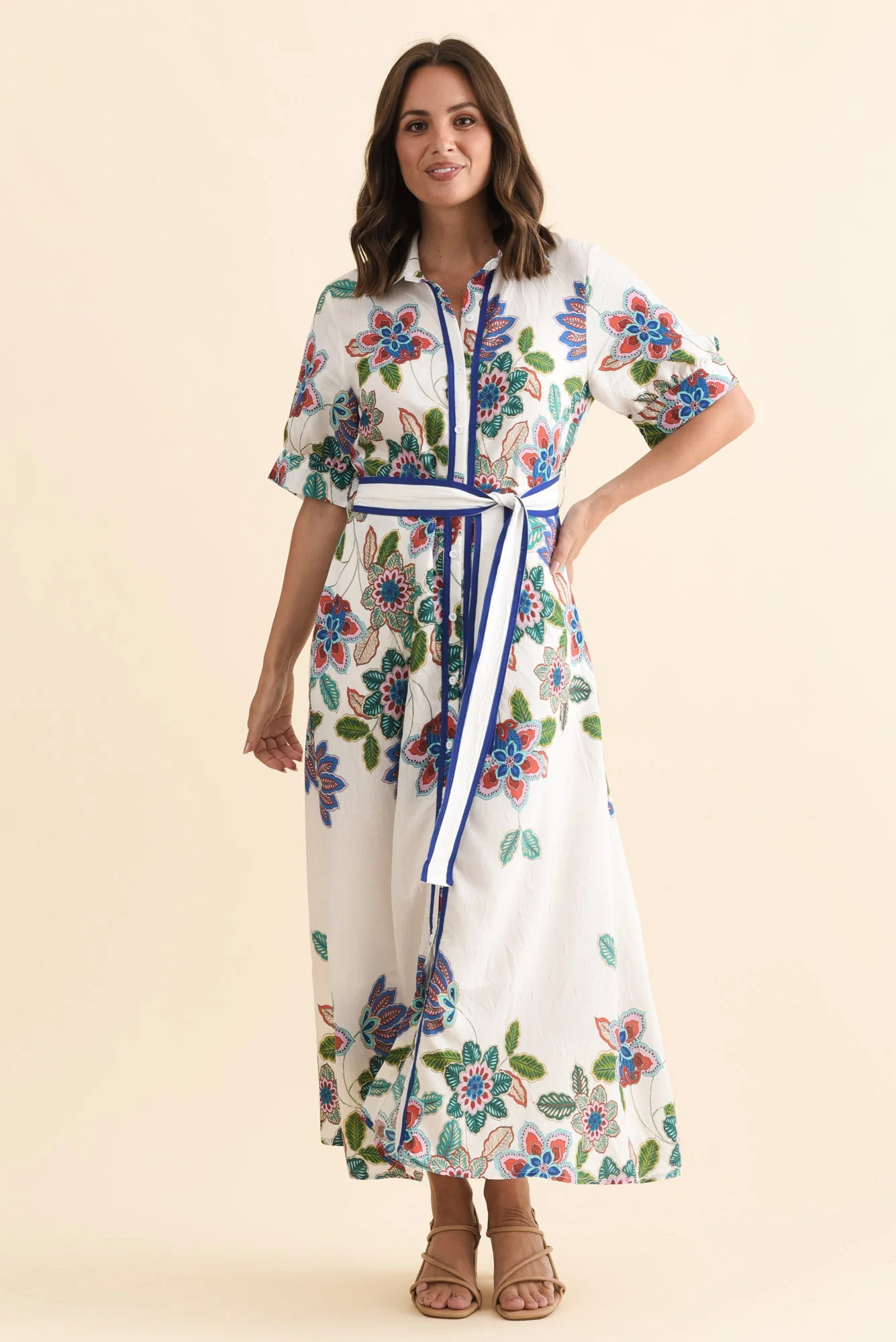 Athens White Floral Linen Cotton Dress - Image 2