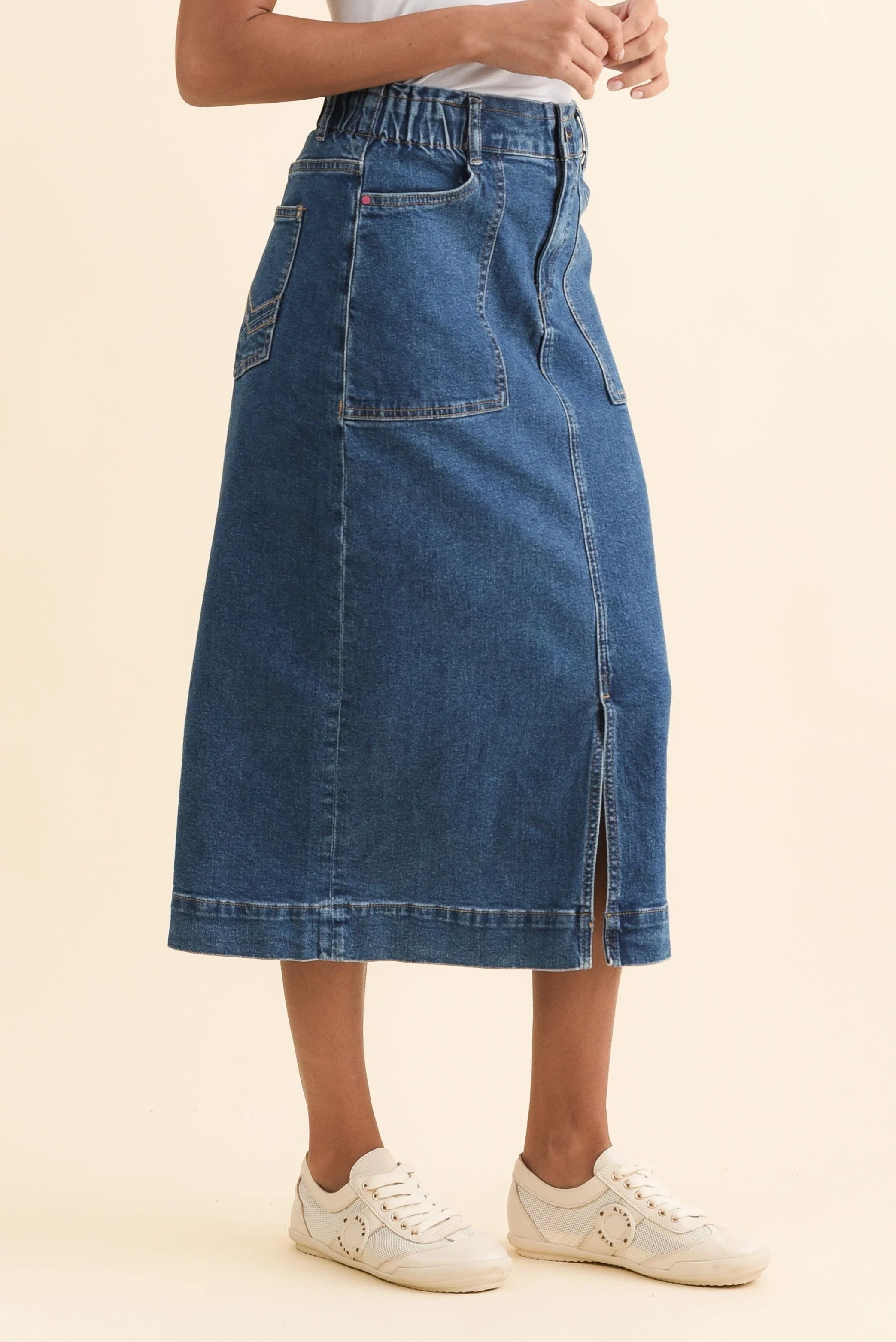 Attie Dark Blue Denim Stretch Midi Skirt - Image 3