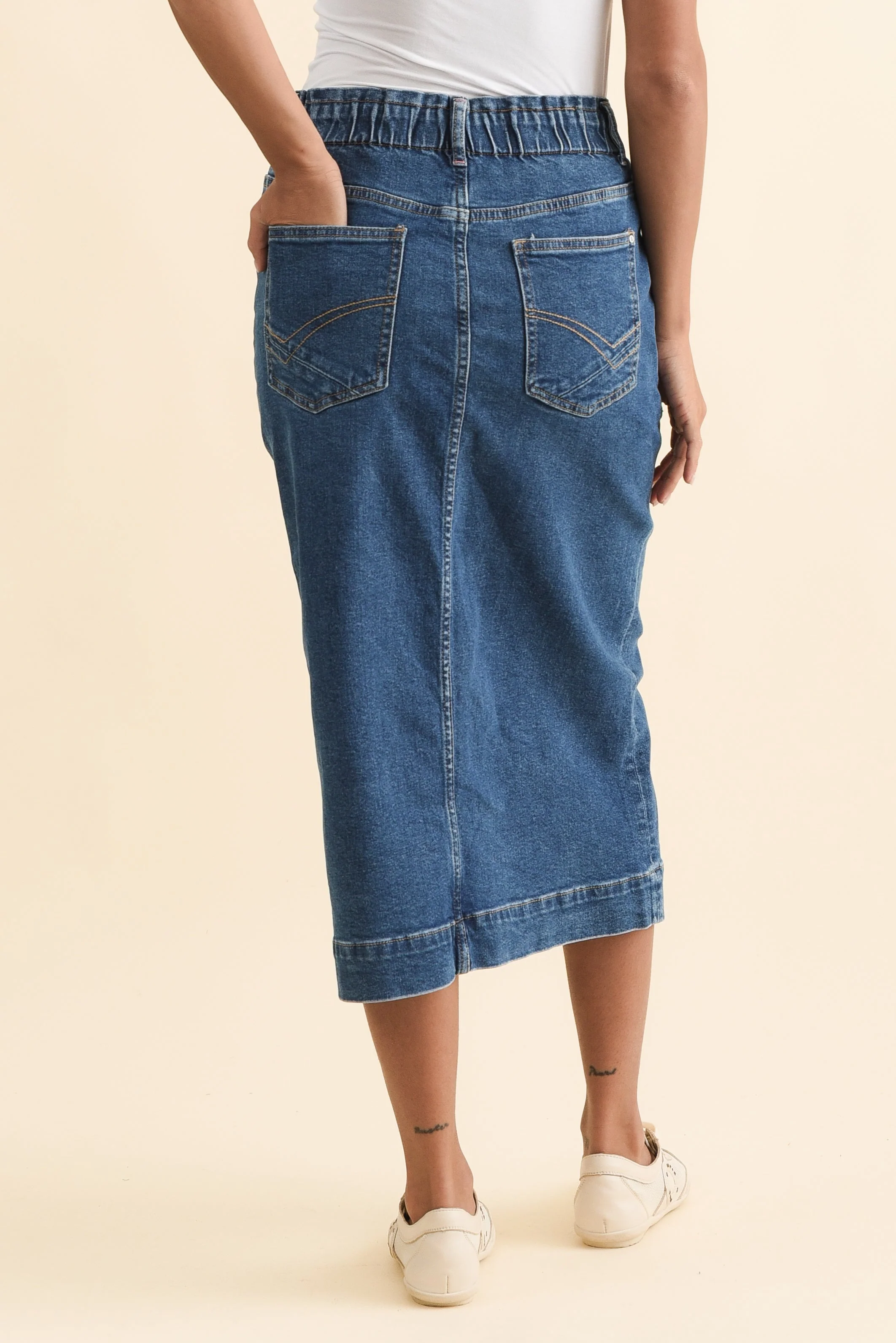 Attie Dark Blue Denim Stretch Midi Skirt - Image 4