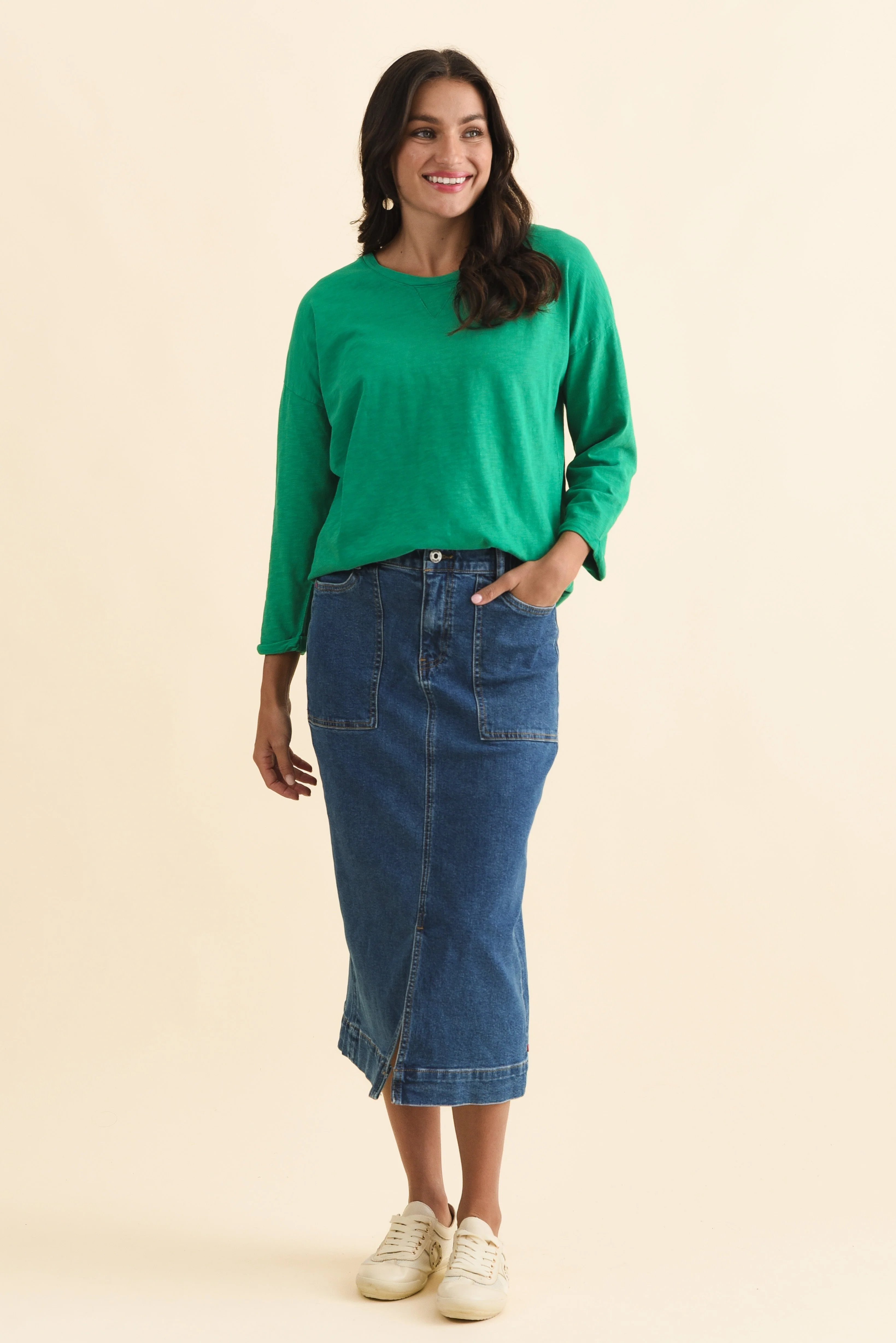 Attie Dark Blue Denim Stretch Midi Skirt - Image 6