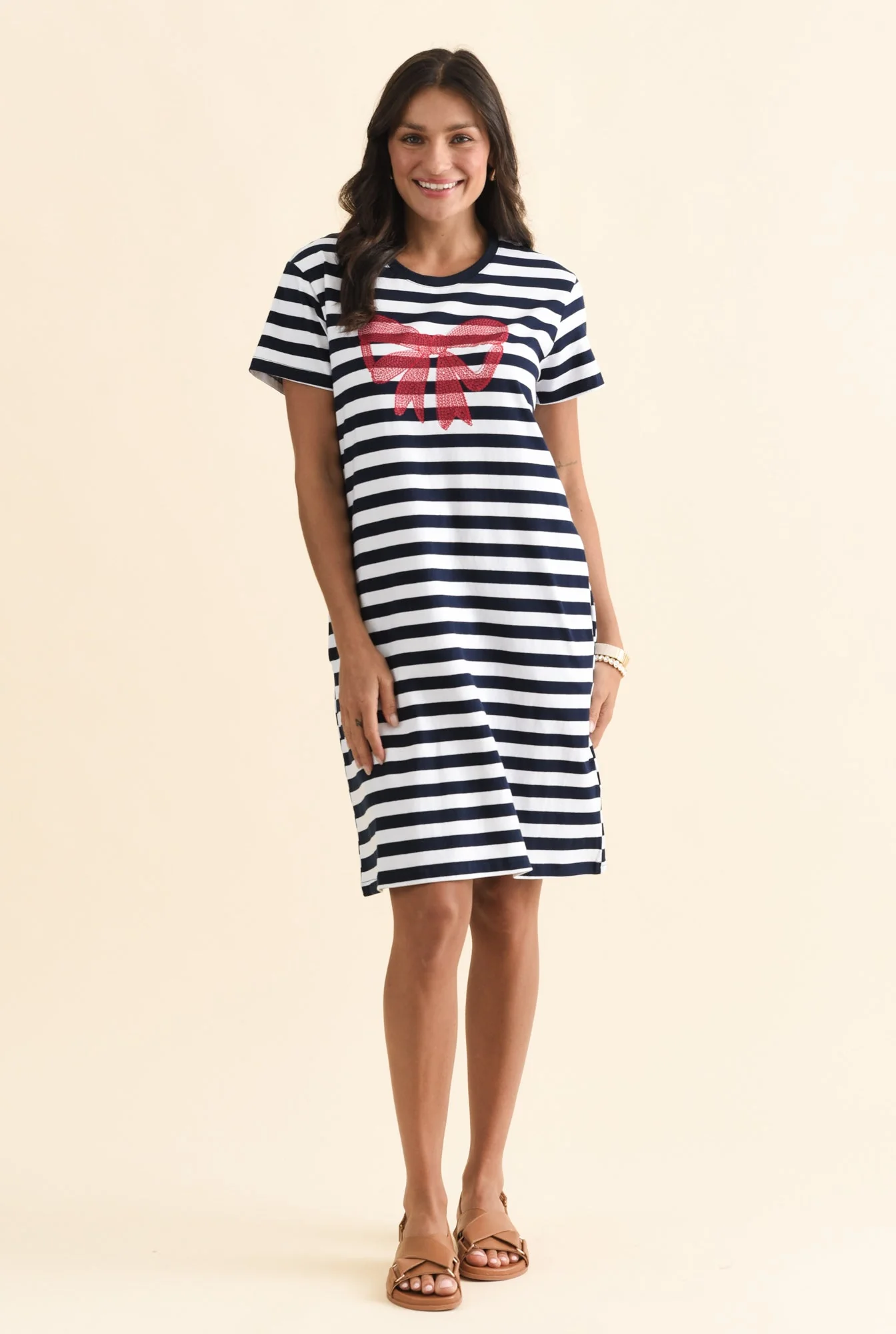 Aya Navy Stripe Bow Cotton Dress - Image 2