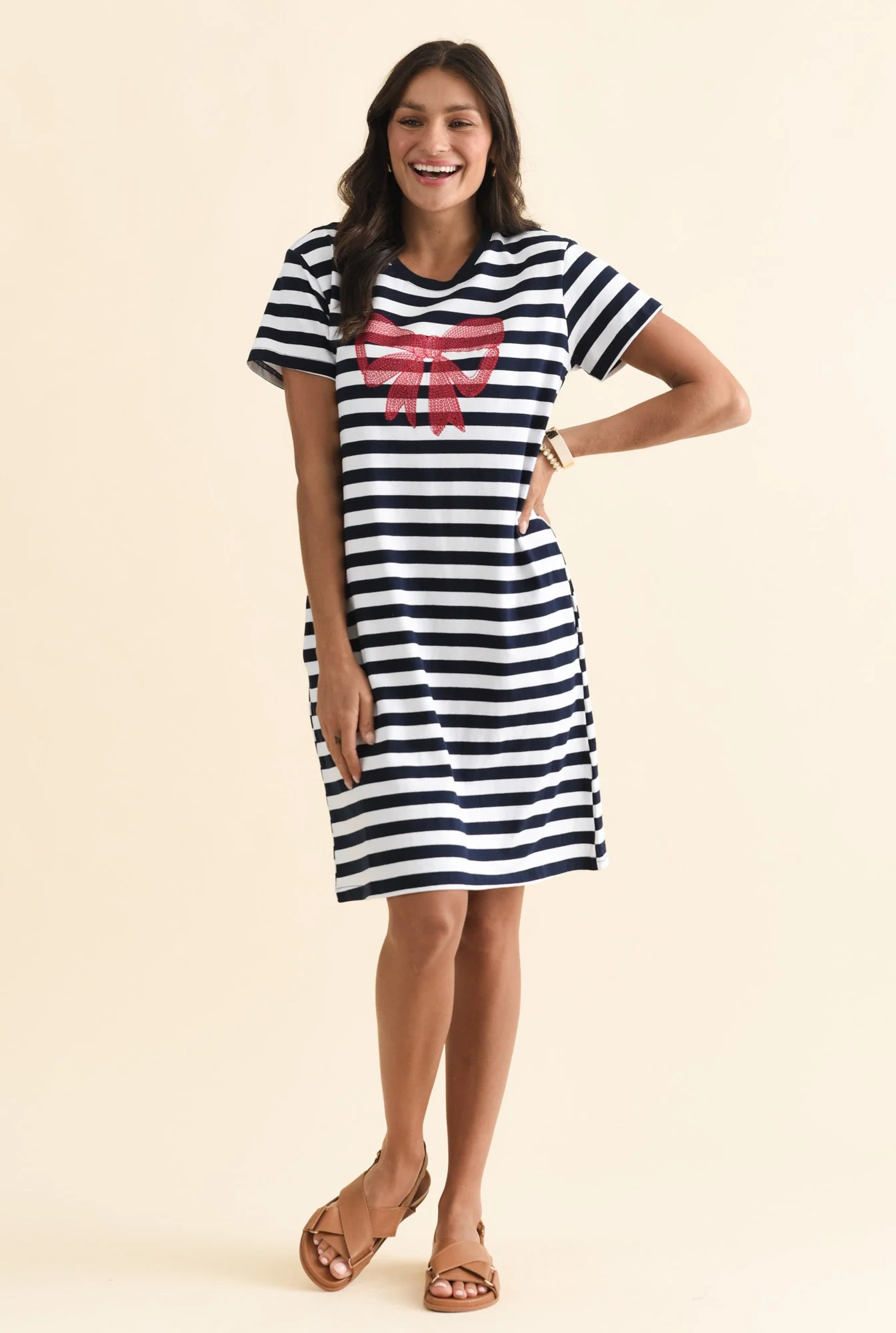 Aya Navy Stripe Bow Cotton Dress - Image 3